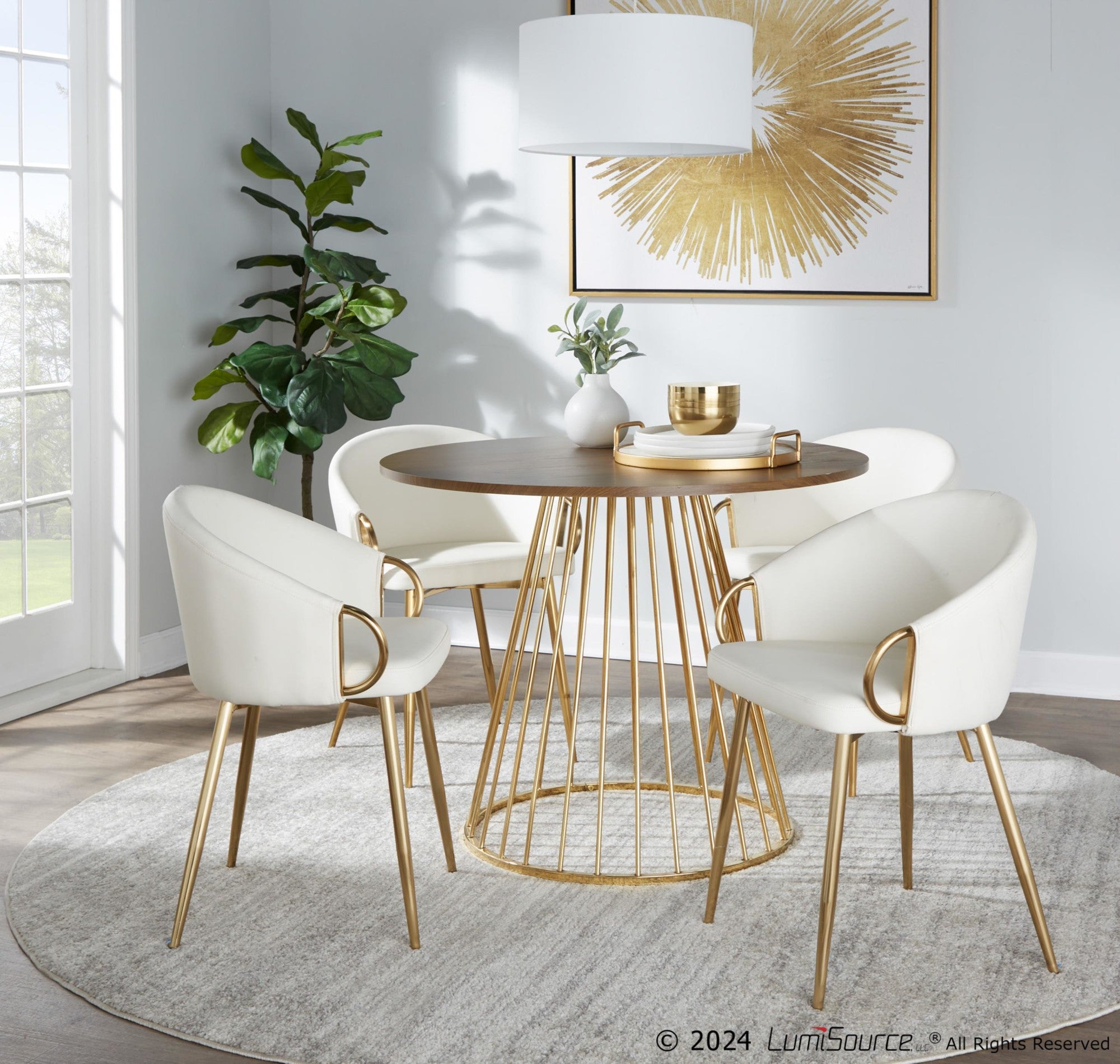 Canary Dining Table - Gold Metal, Walnut Wood