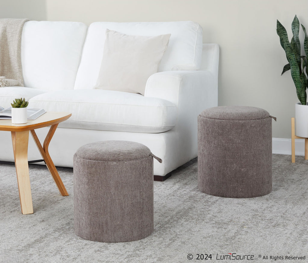 Tray Nesting Ottoman Set - Brown Fabric, Natural Wood