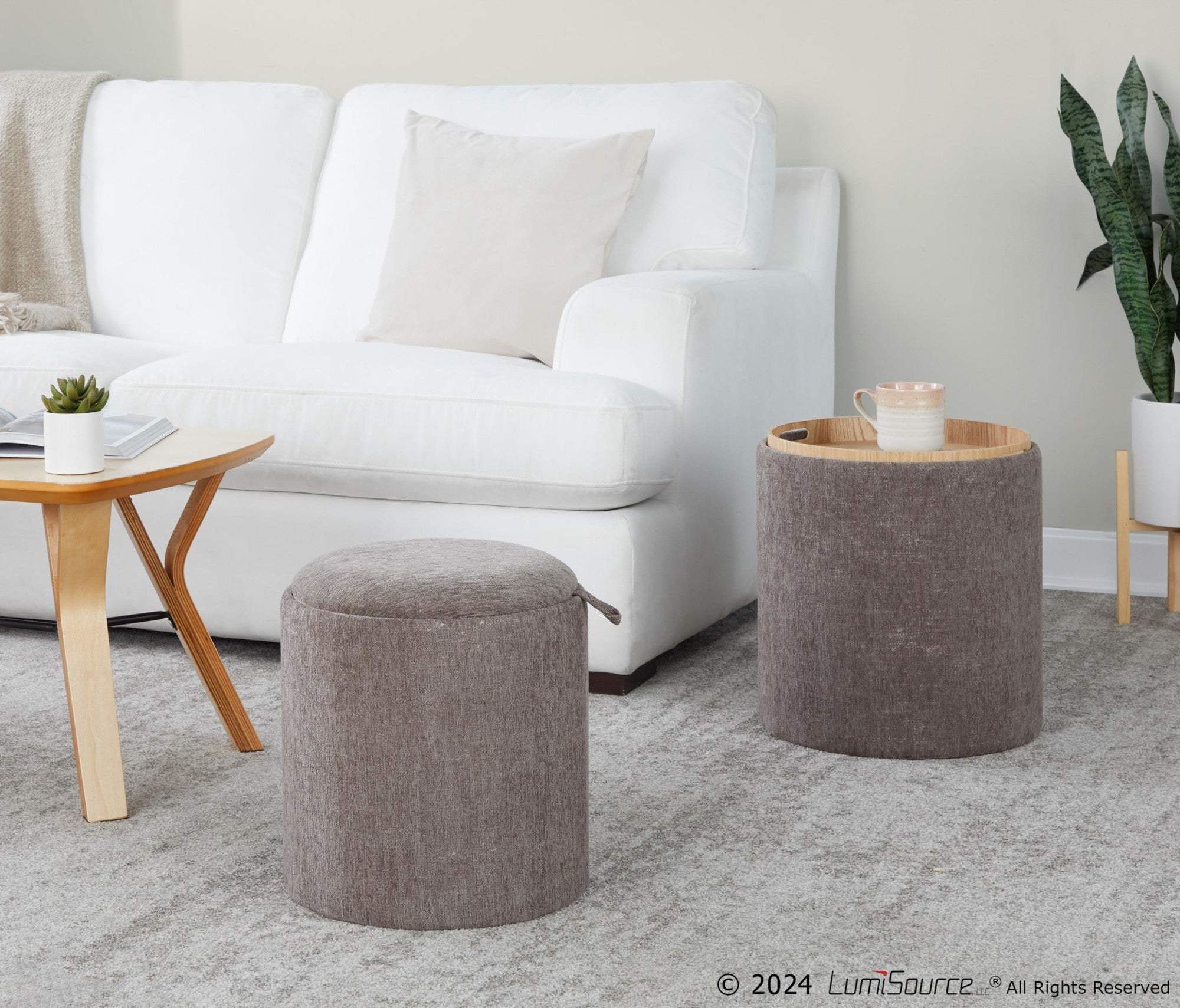 Tray Nesting Ottoman Set - Brown Fabric, Natural Wood