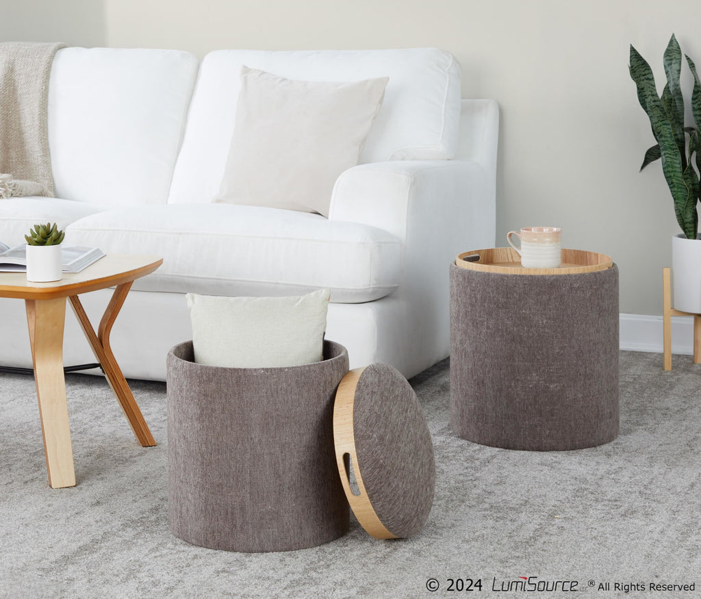 Tray Nesting Ottoman Set - Brown Fabric, Natural Wood