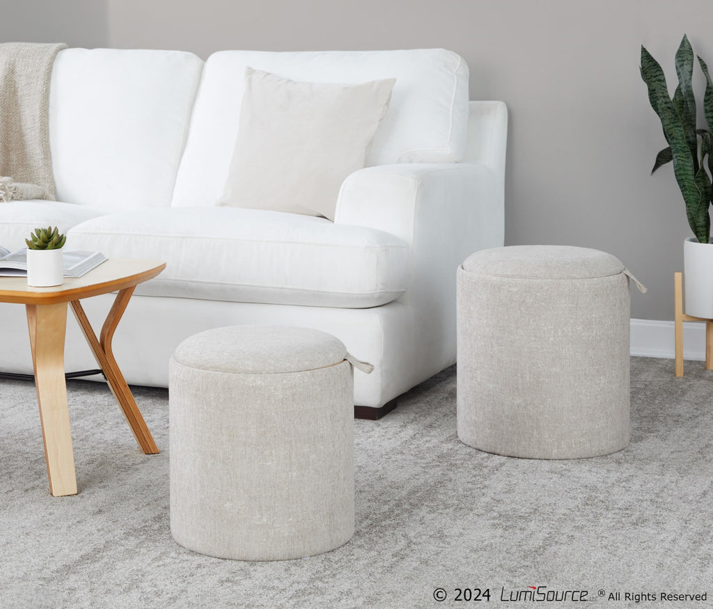 Tray Nesting Ottoman Set - Light Brown Fabric, Natural Wood