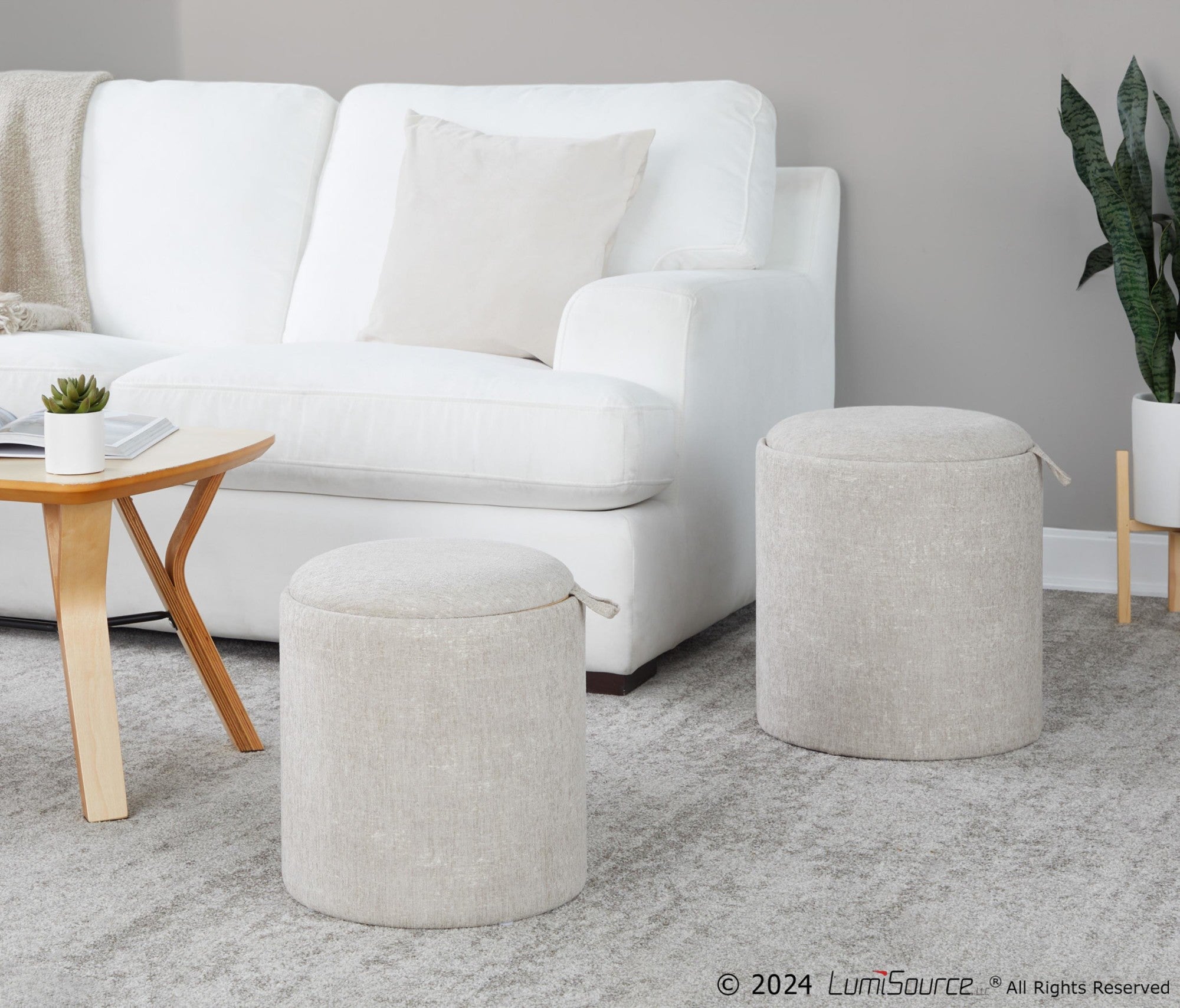 Tray Nesting Ottoman Set - Light Brown Fabric, Natural Wood