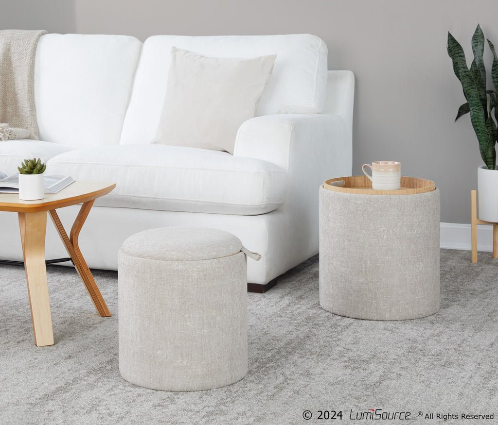 Tray Nesting Ottoman Set - Light Brown Fabric, Natural Wood