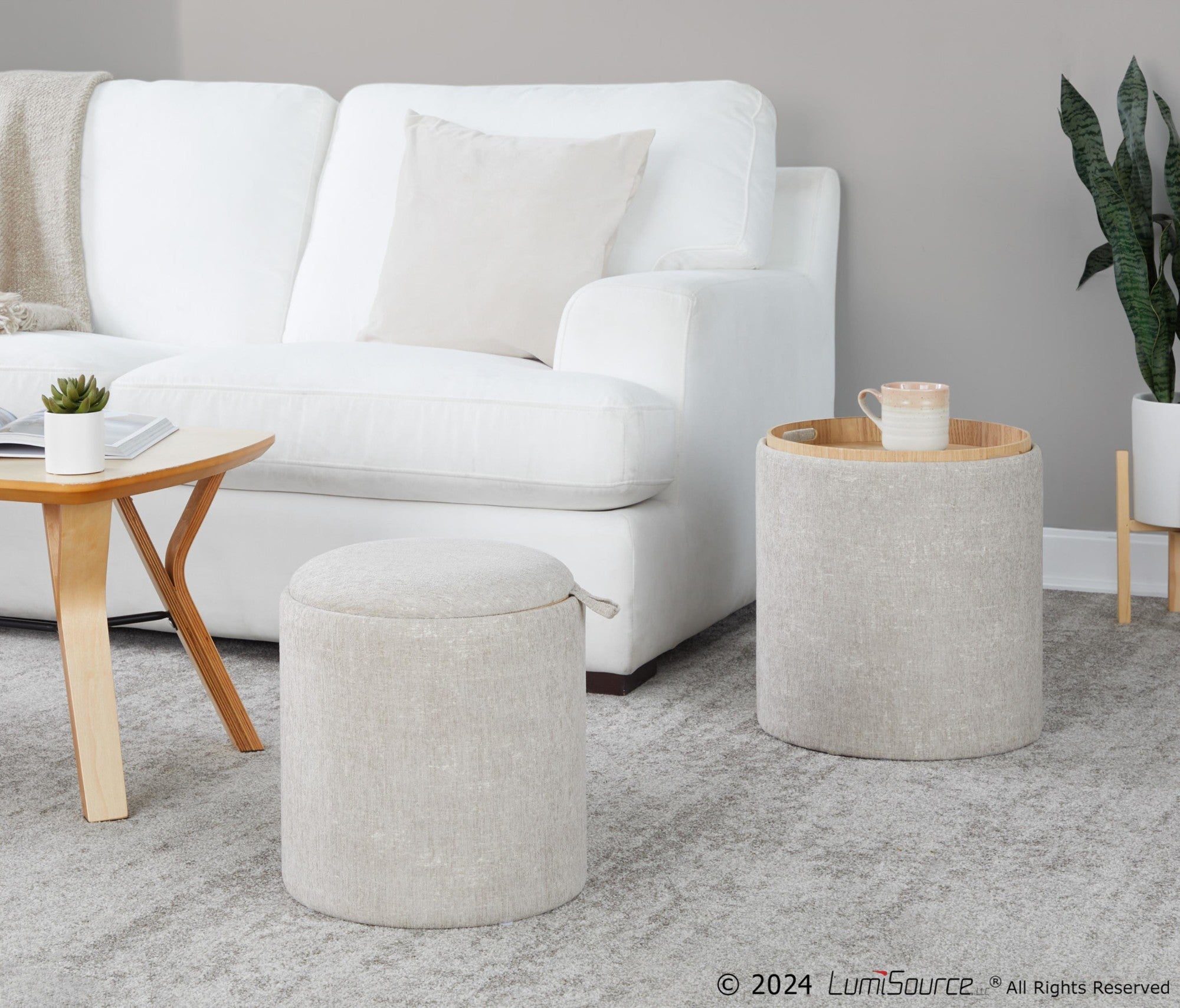 Tray Nesting Ottoman Set - Light Brown Fabric, Natural Wood