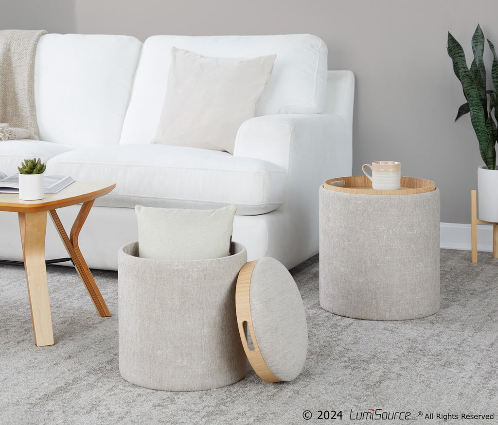 Tray Nesting Ottoman Set - Light Brown Fabric, Natural Wood