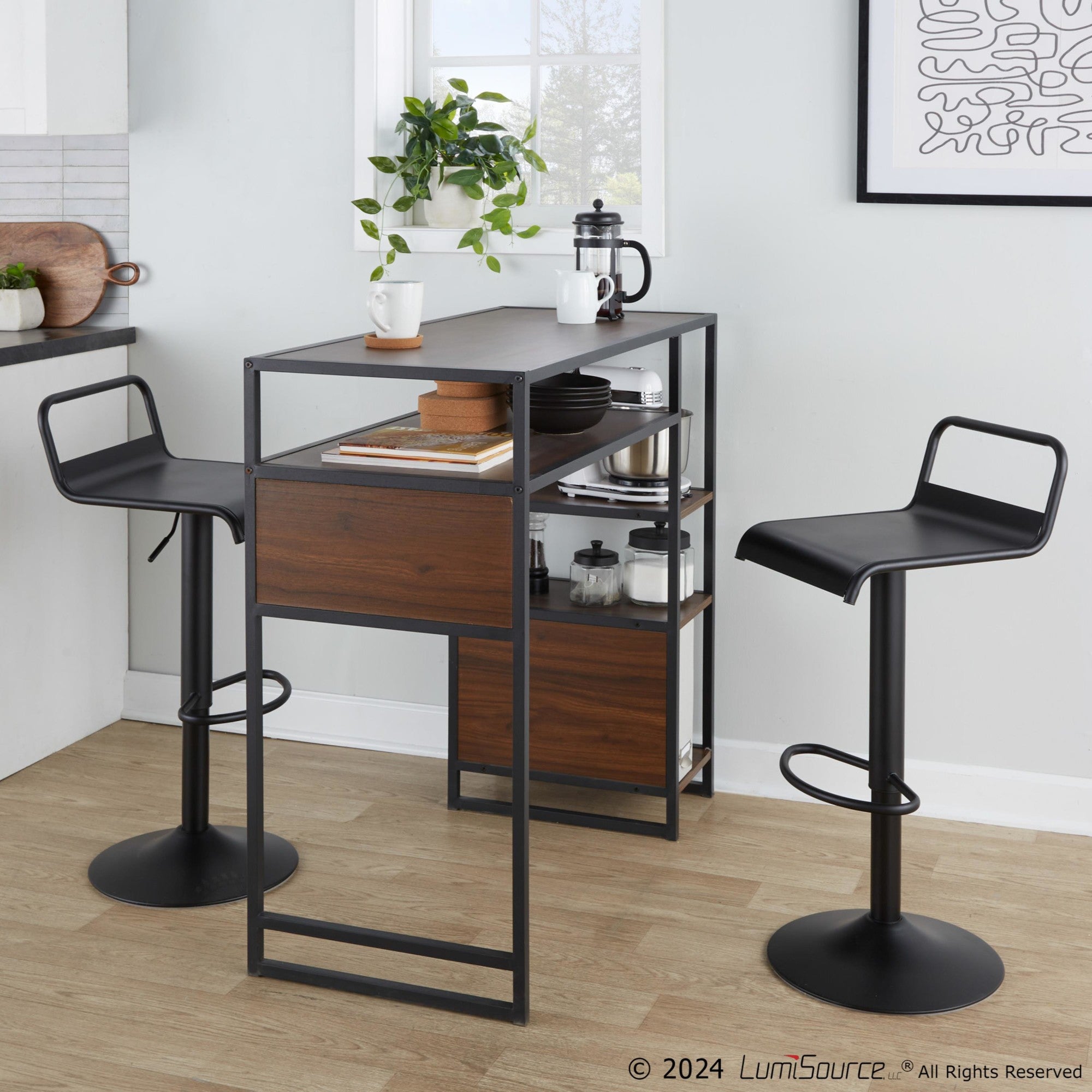 Display Bar Height Table With Storage - Black Metal, Walnut Wood