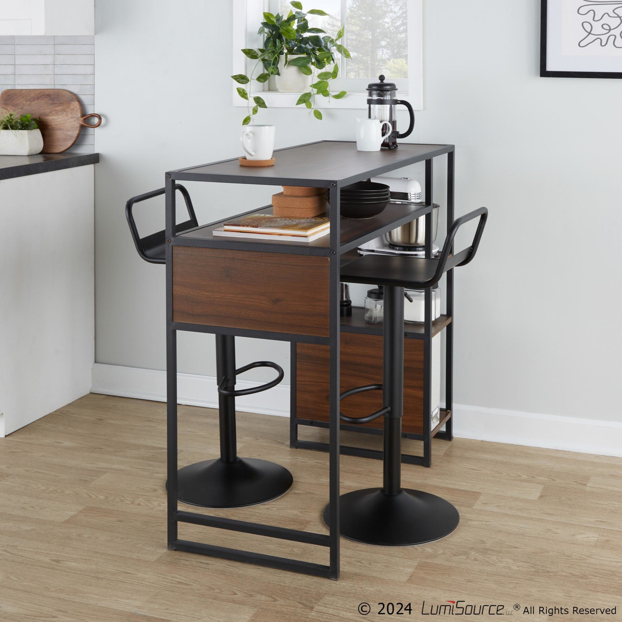 Display Bar Height Table With Storage - Black Metal, Walnut Wood