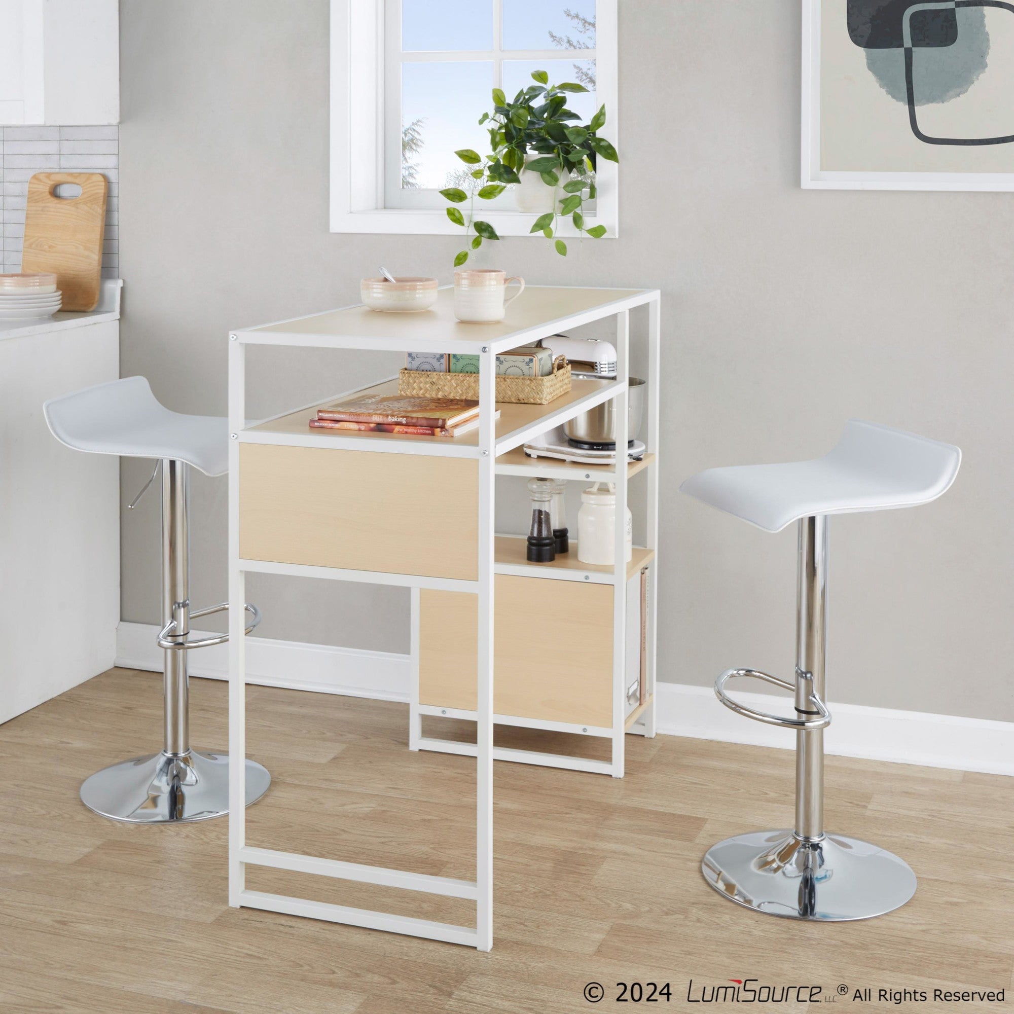 Ale Adjustable Barstool - Set of 2 - Chrome Metal, White Pvc