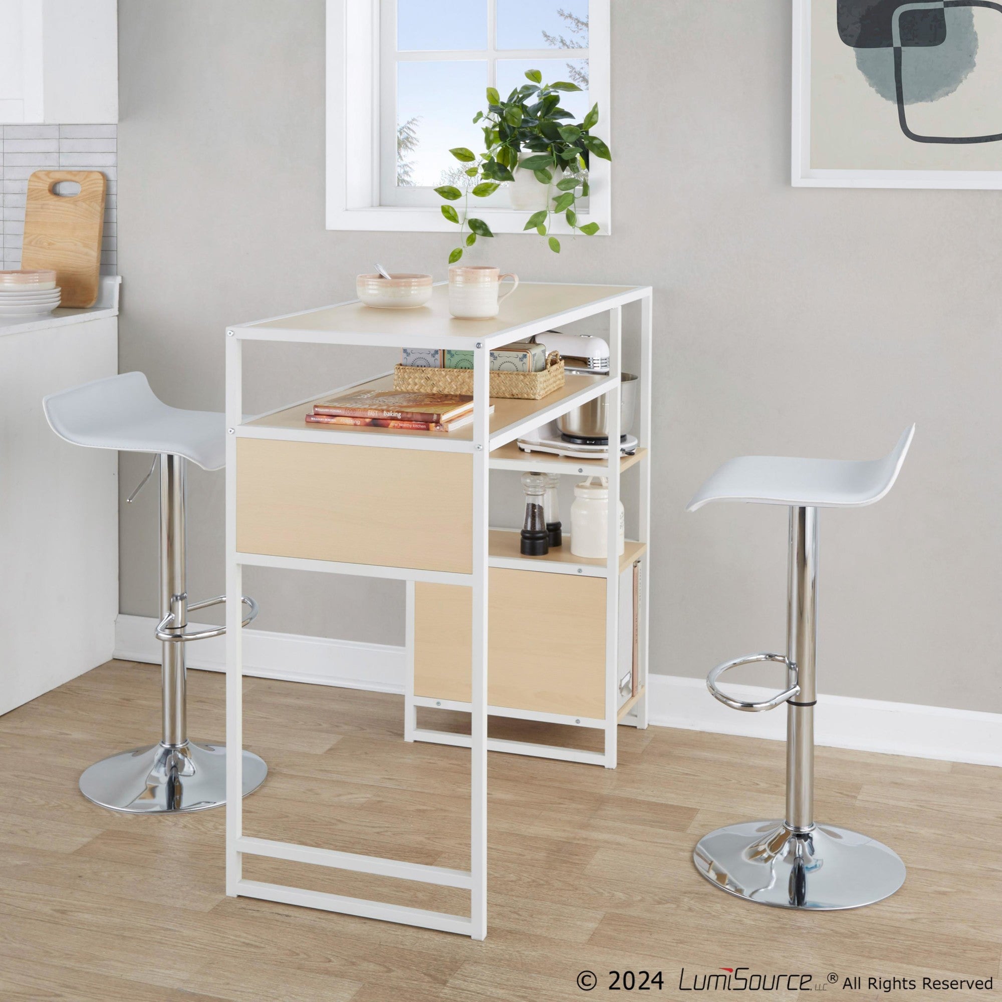 Ale Adjustable Barstool - Set of 2 - Chrome Metal, White Pvc