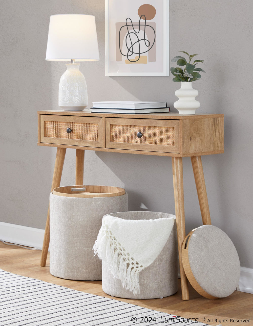 Tray Nesting Ottoman Set - Light Brown Fabric, Natural Wood