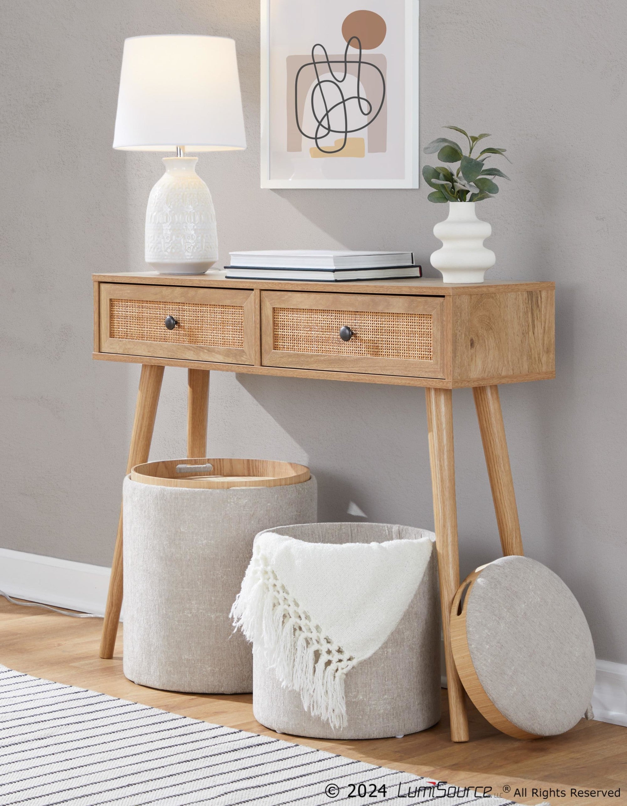 Tray Nesting Ottoman Set - Light Brown Fabric, Natural Wood