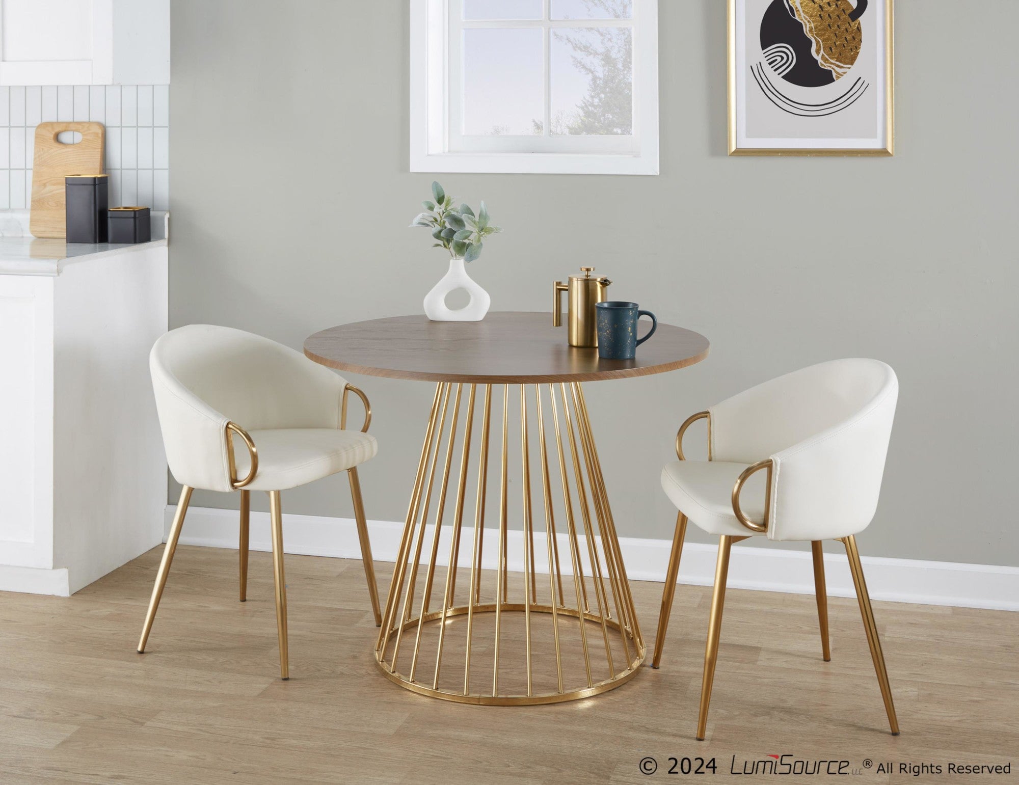 Canary Dining Table - Gold Metal, Walnut Wood