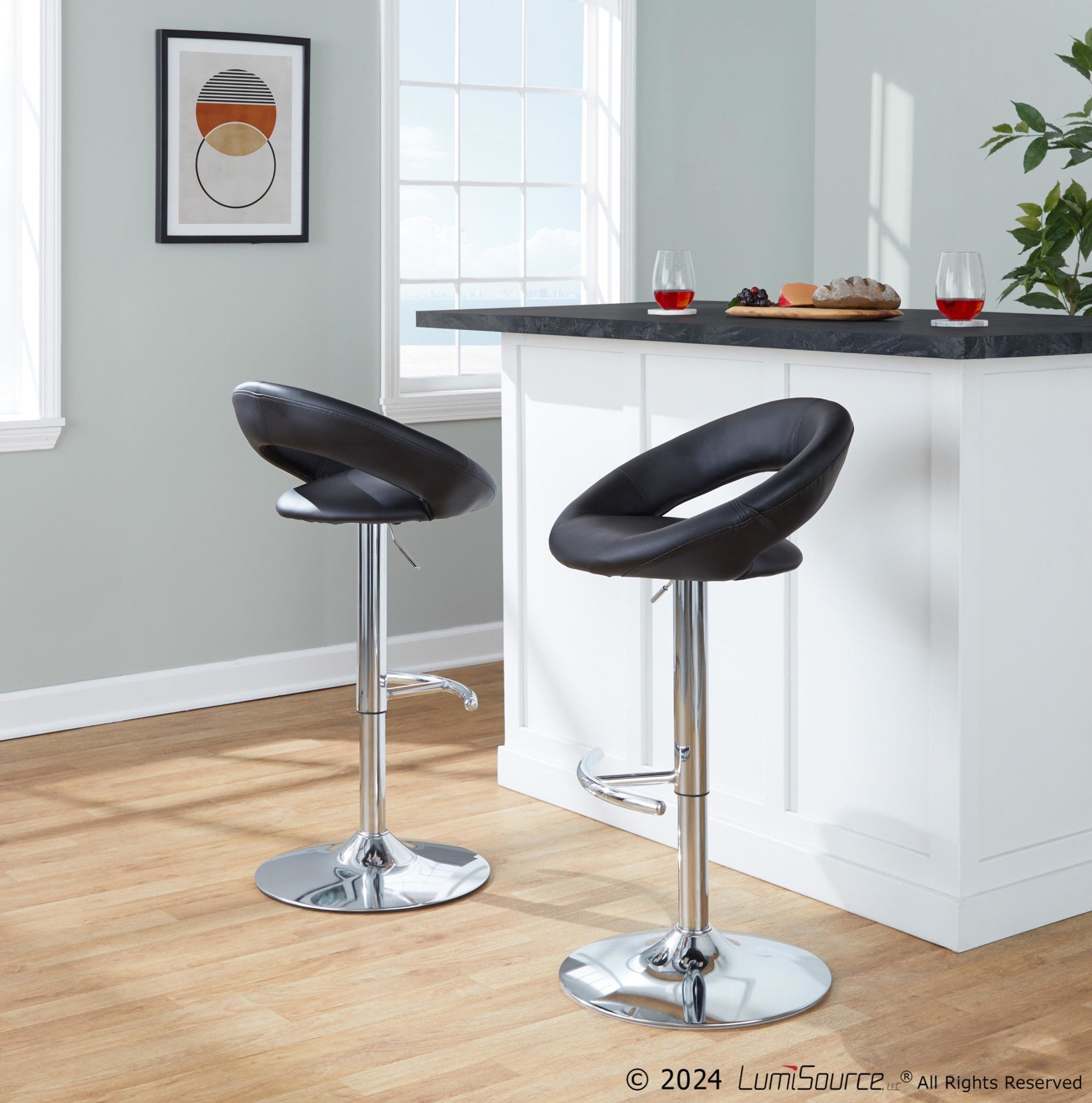 Posh Adjustable Barstool - Set of 2 - Chrome Metal, Black PU