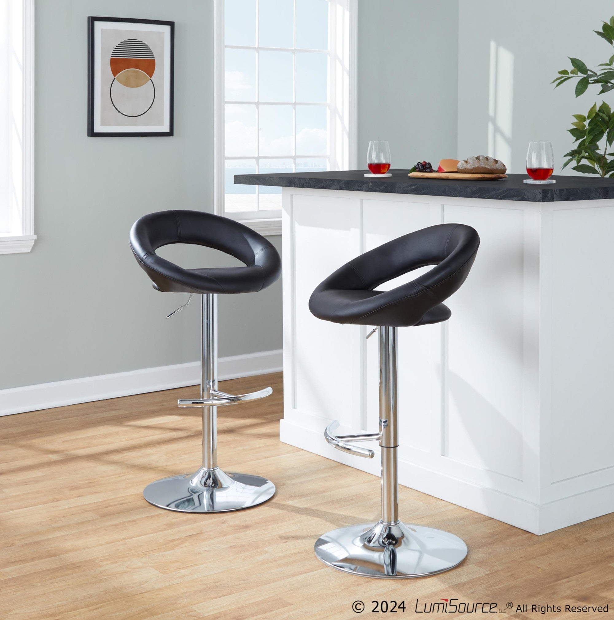 Posh Adjustable Barstool - Set of 2 - Chrome Metal, Black PU