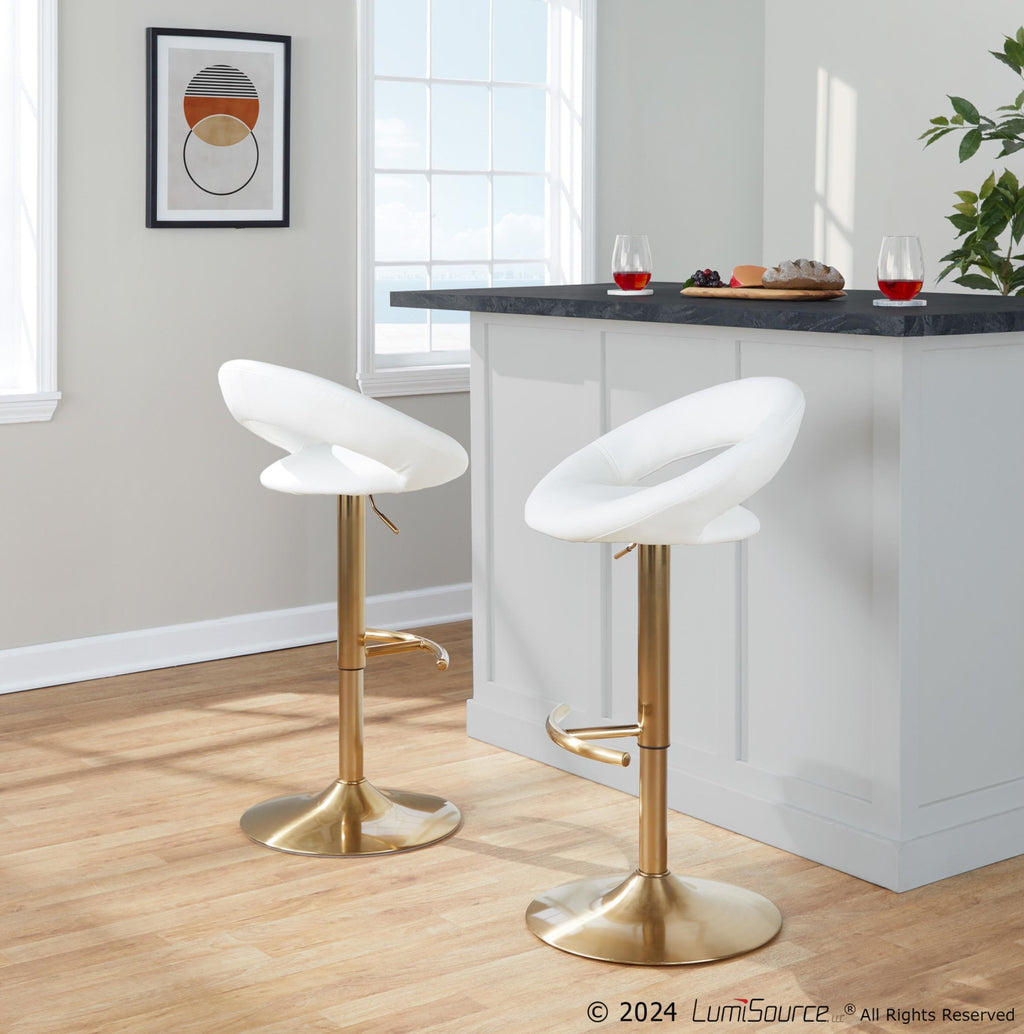 Posh Adjustable Barstool - Set of 2 - Gold Metal, White PU