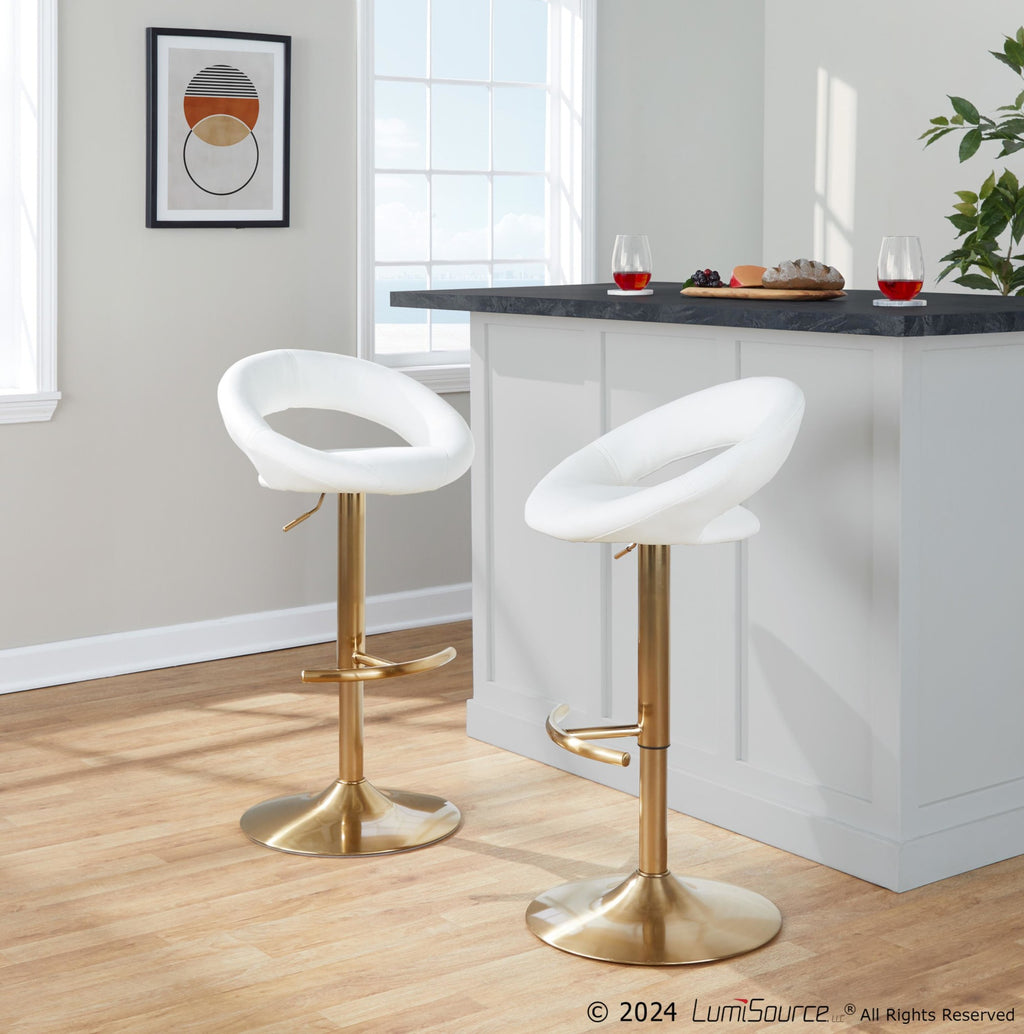 Posh Adjustable Barstool - Set of 2 - Gold Metal, White PU