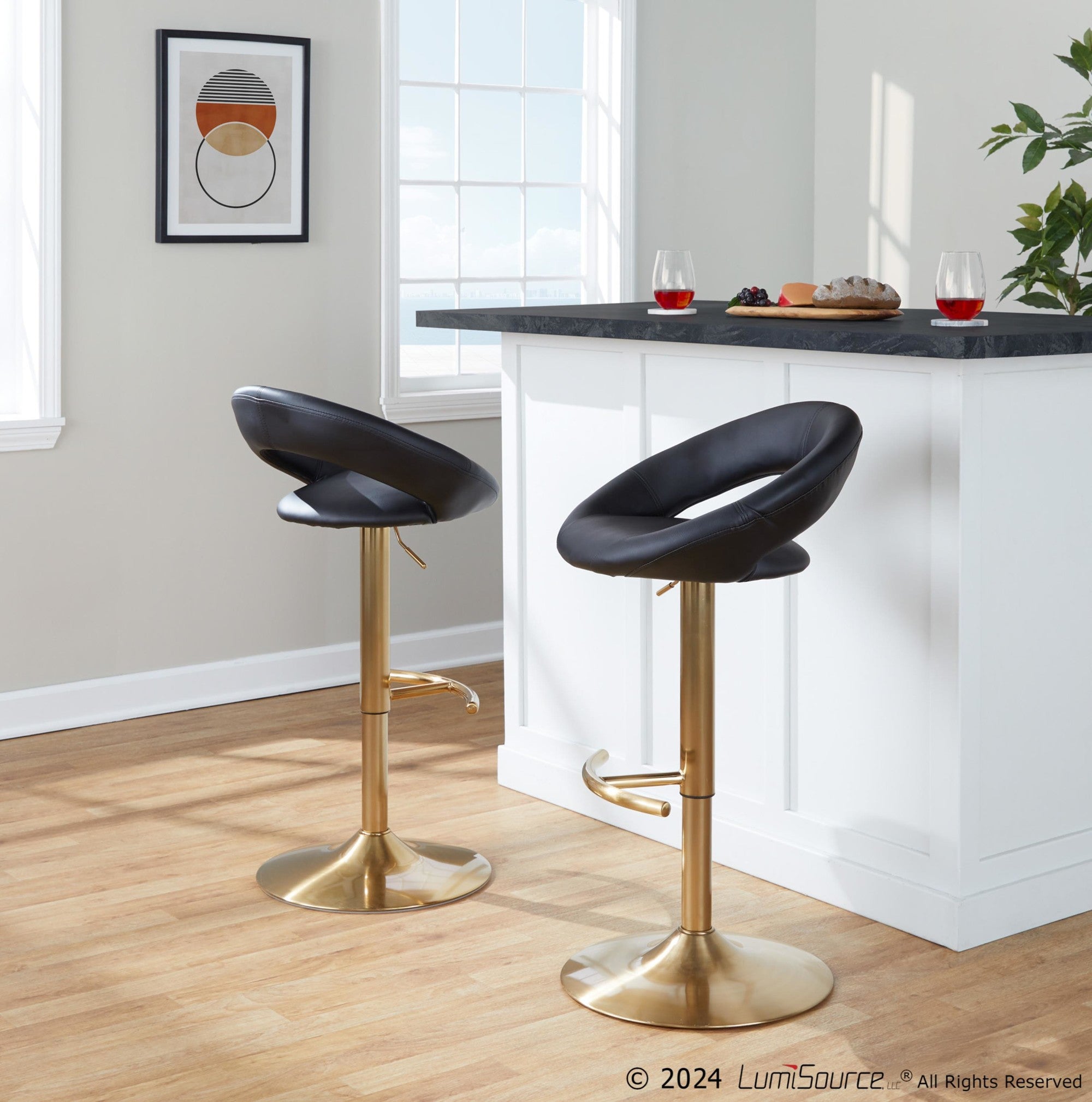 Posh Adjustable Barstool - Set of 2 - Gold Metal, Black PU