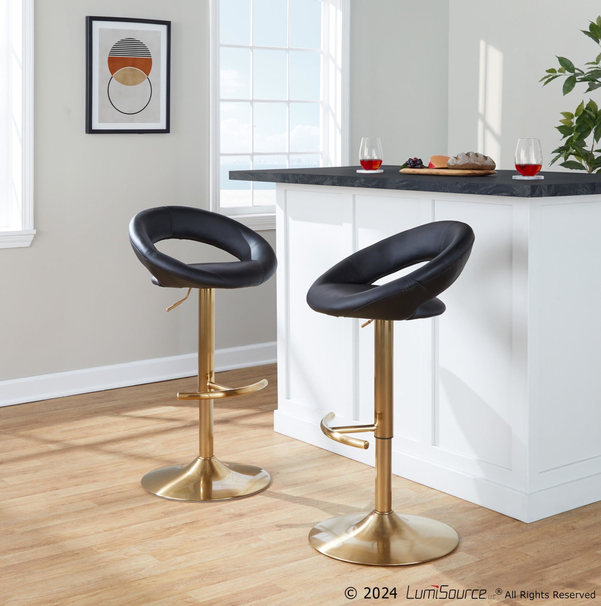Posh Adjustable Barstool - Set of 2 - Gold Metal, Black PU