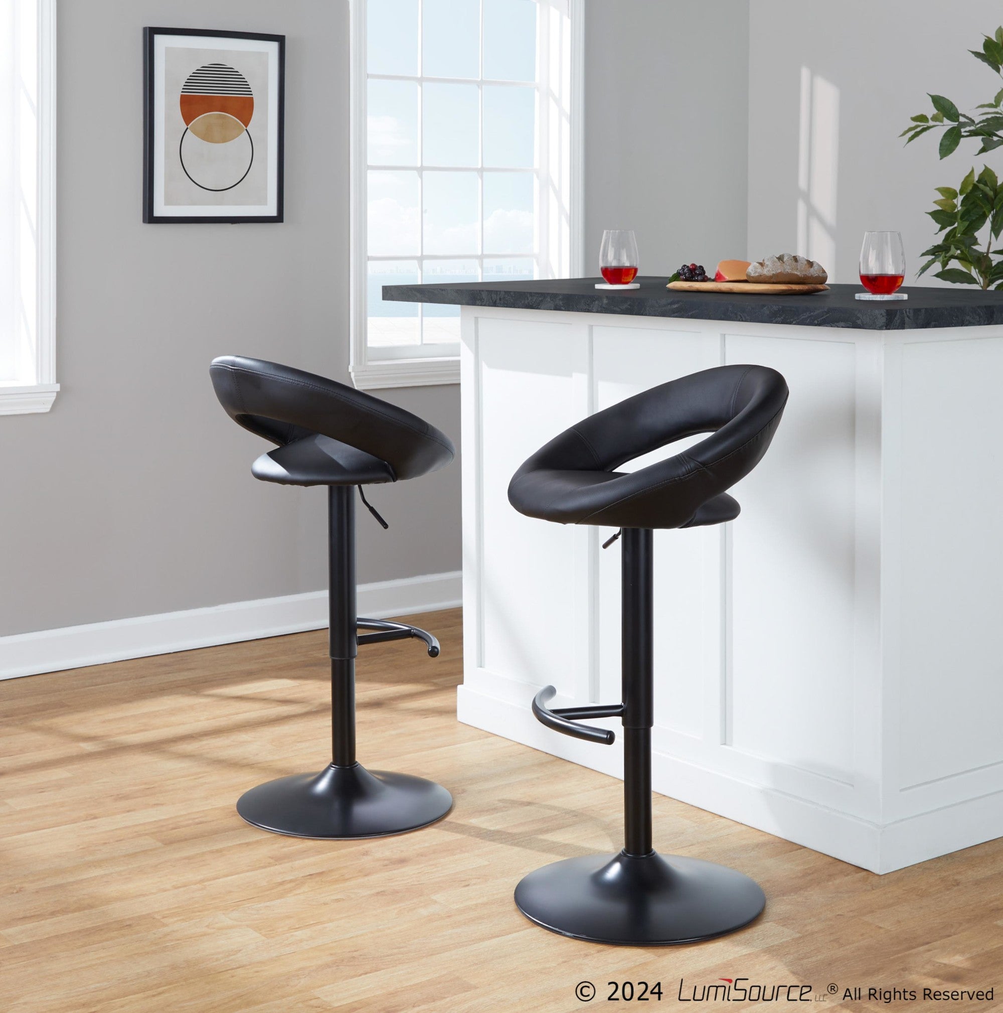 Posh Adjustable Barstool - Set of 2 - Black Metal, Black PU
