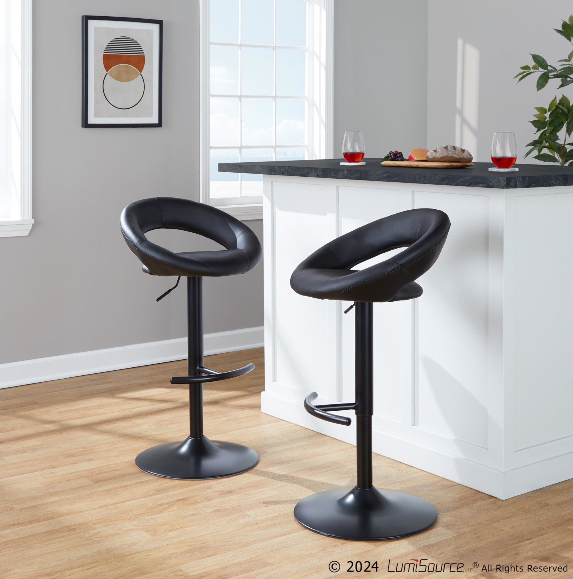Posh Adjustable Barstool - Set of 2 - Black Metal, Black PU