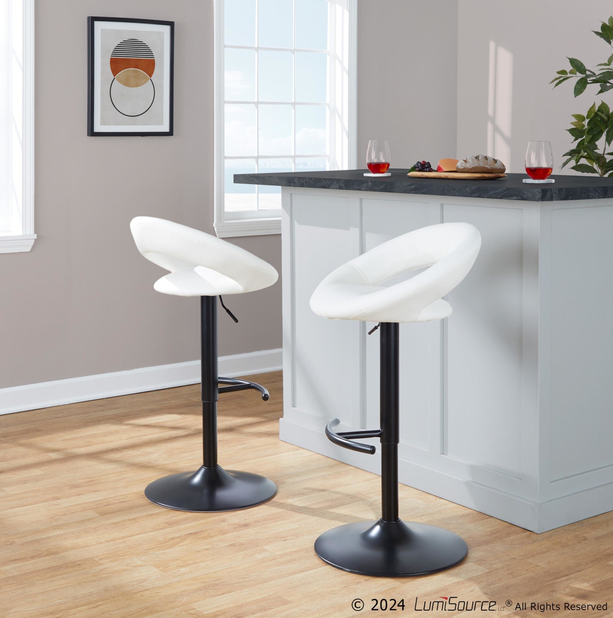 Posh Adjustable Barstool - Set of 2 - Black Metal, White PU