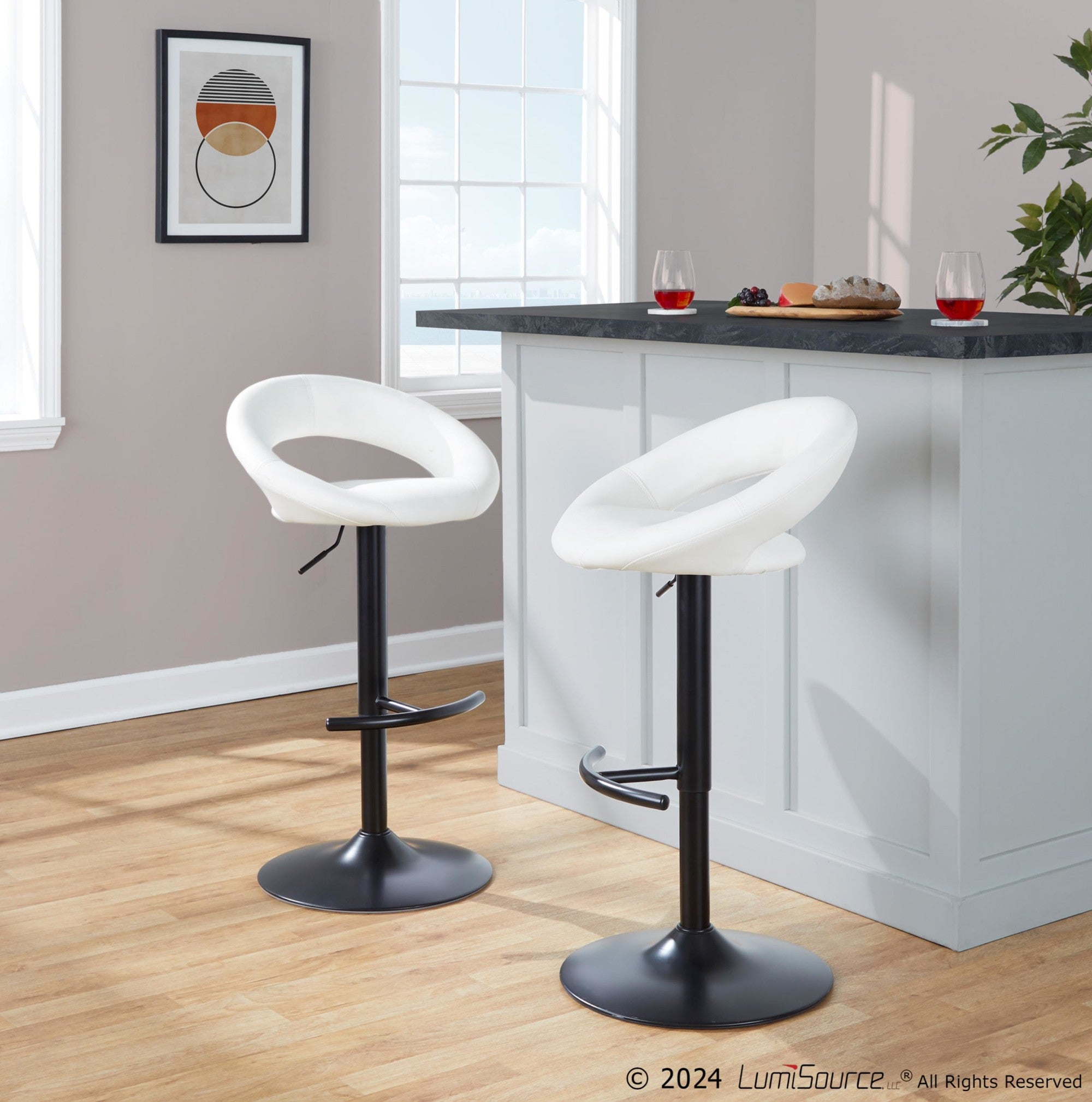 Posh Adjustable Barstool - Set of 2 - Black Metal, White PU