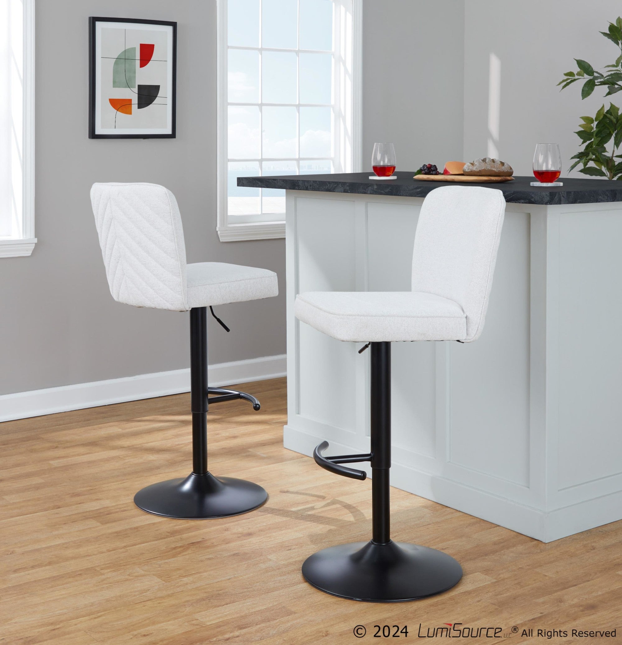 Henry Adjustable Barstool - Set of 2 - Black Metal, White Fabric