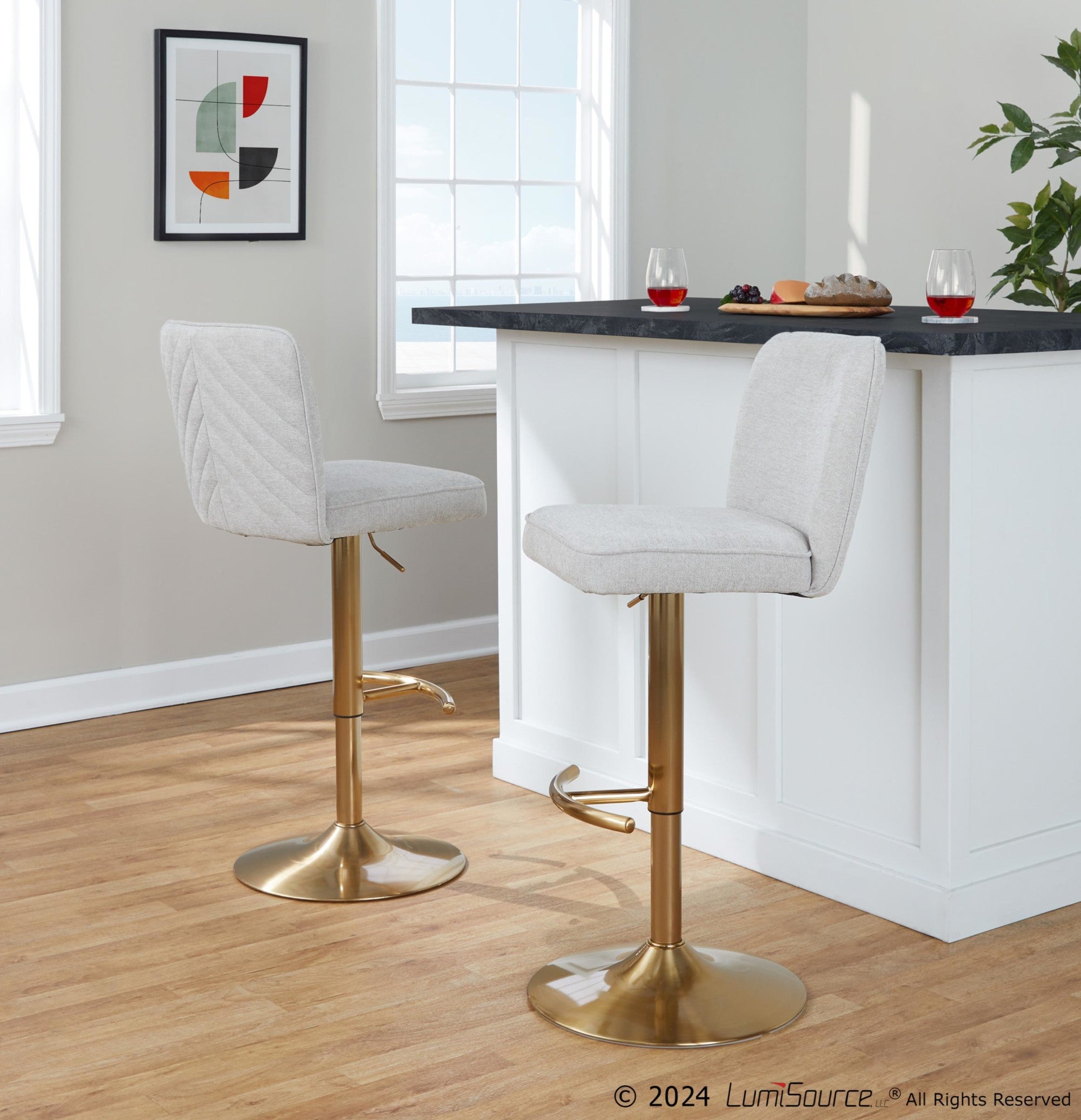 Henry Adjustable Barstool - Set of 2 - Gold Metal, Beige Fabric