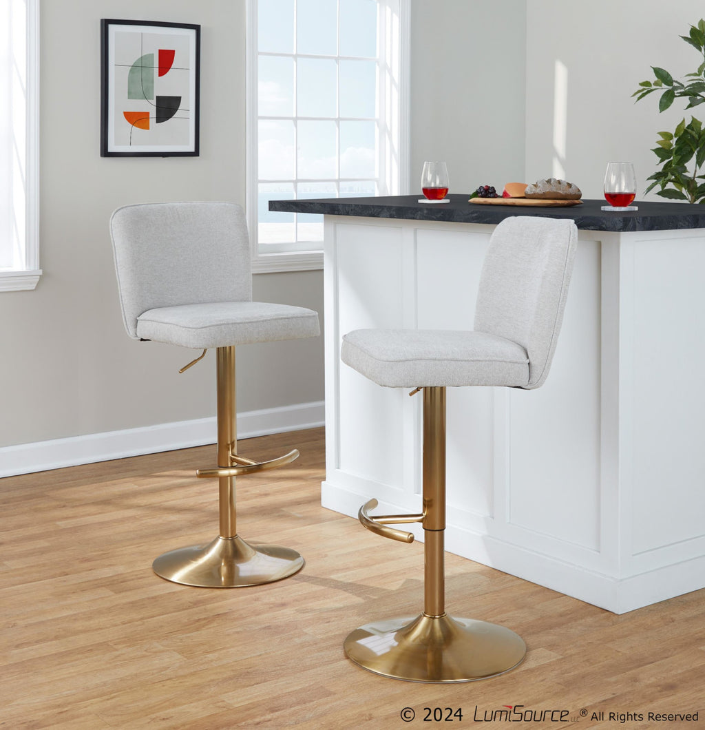 Henry Adjustable Barstool - Set of 2 - Gold Metal, Beige Fabric