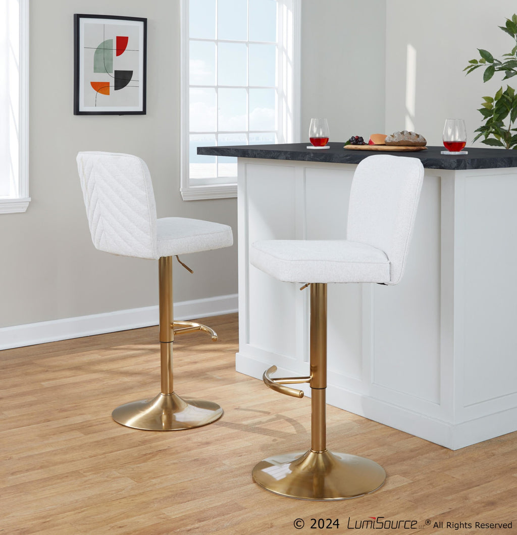 Henry Adjustable Barstool - Set of 2 - Gold Metal, White Fabric