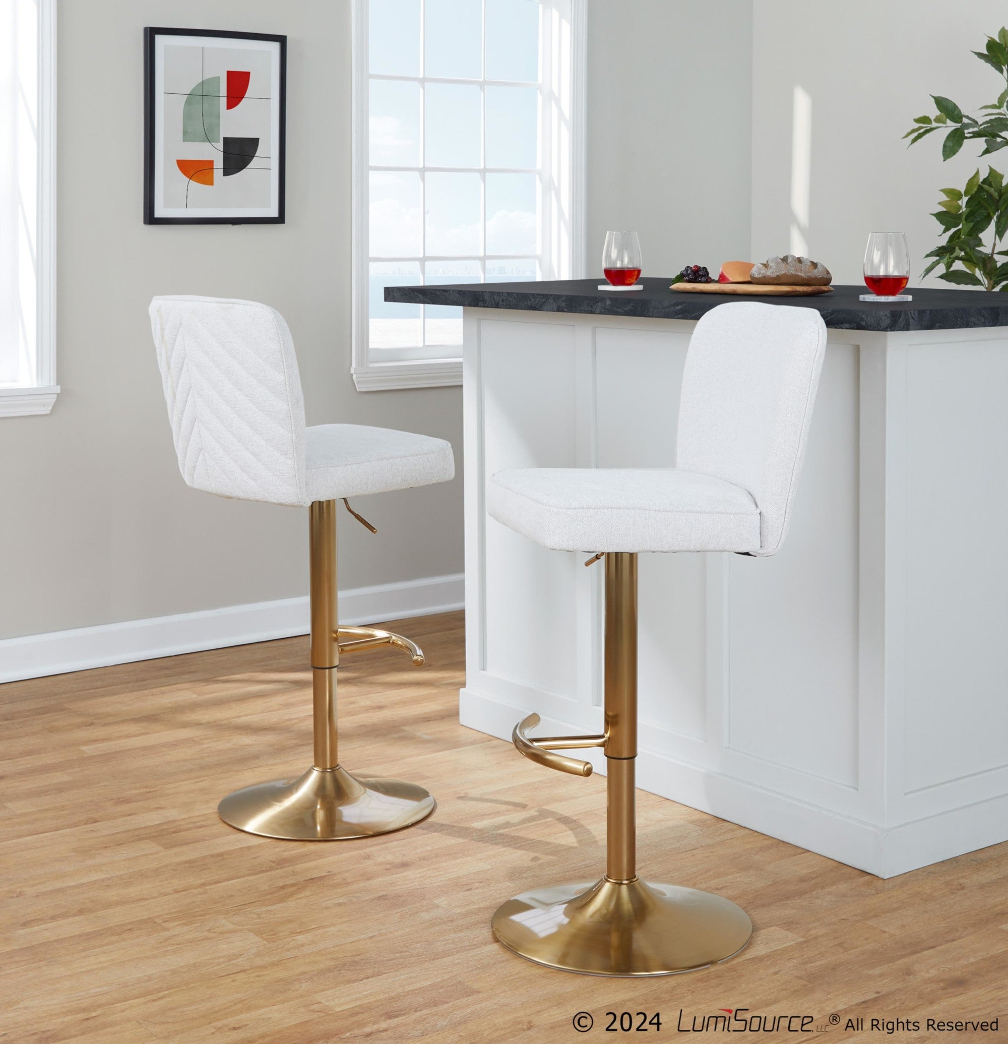 Henry Adjustable Barstool - Set of 2 - Gold Metal, White Fabric