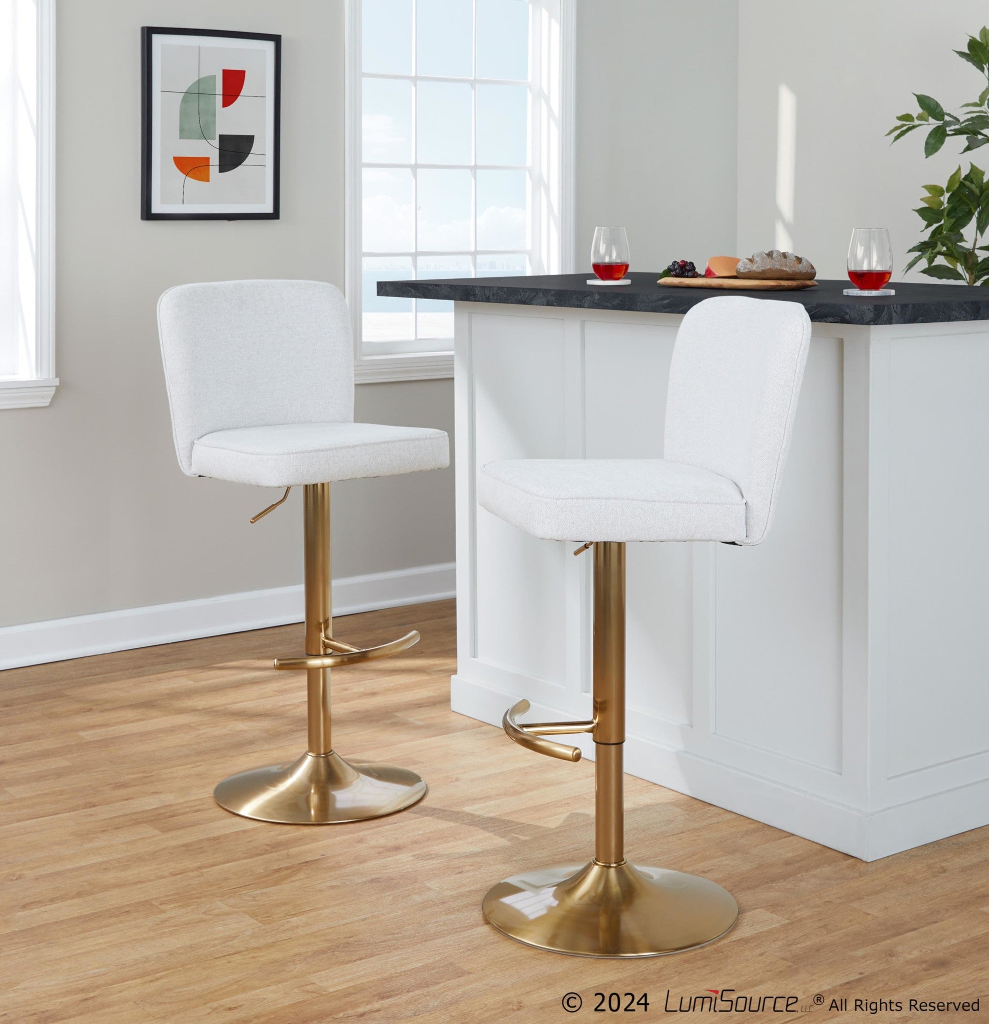 Henry Adjustable Barstool - Set of 2 - Gold Metal, White Fabric