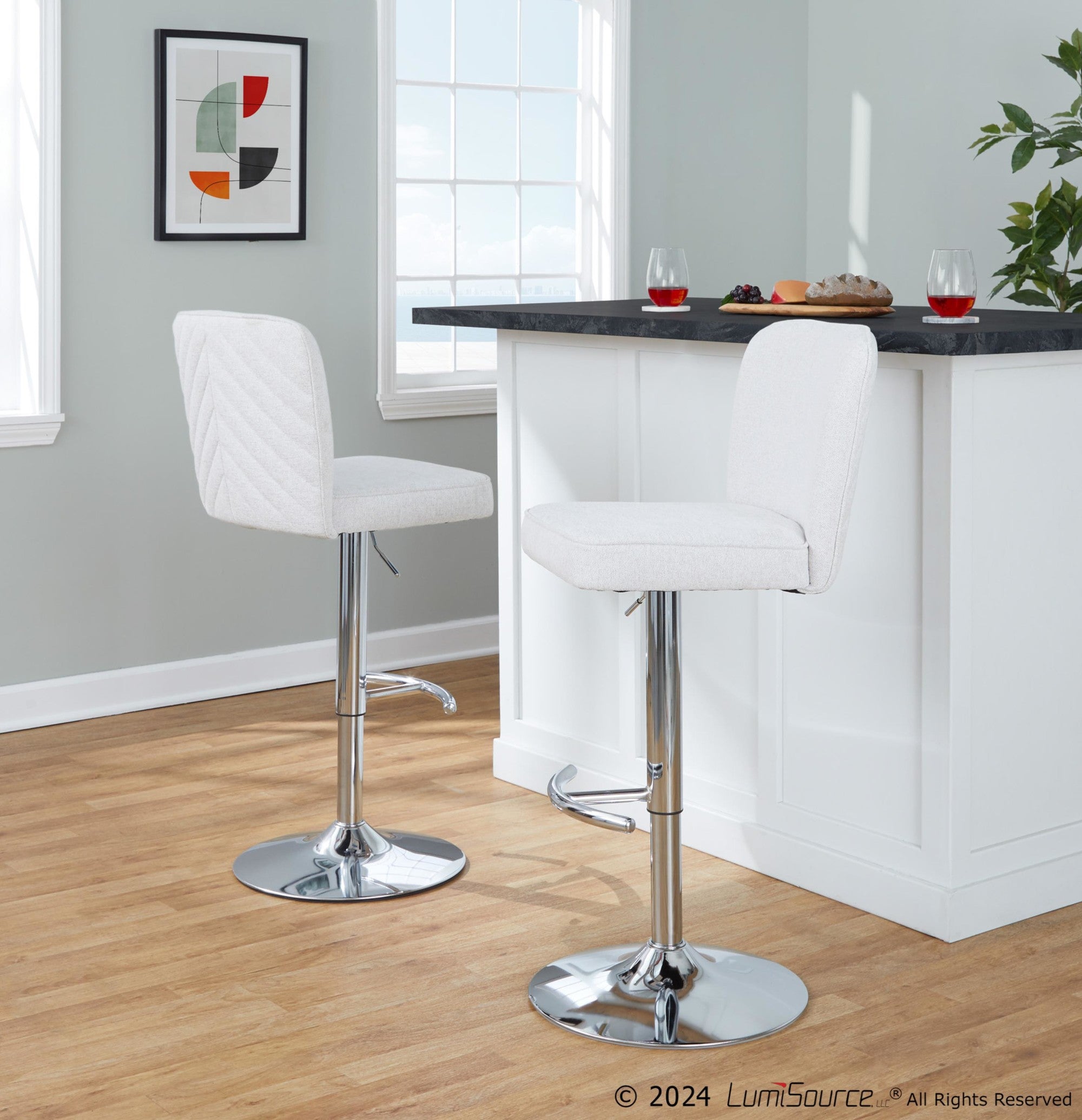 Henry Adjustable Barstool - Set of 2 - Chrome Metal, White Fabric