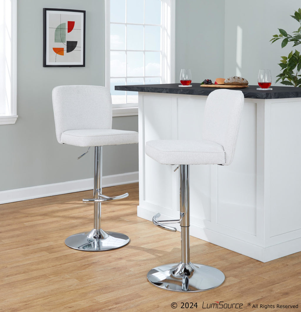 Henry Adjustable Barstool - Set of 2 - Chrome Metal, White Fabric
