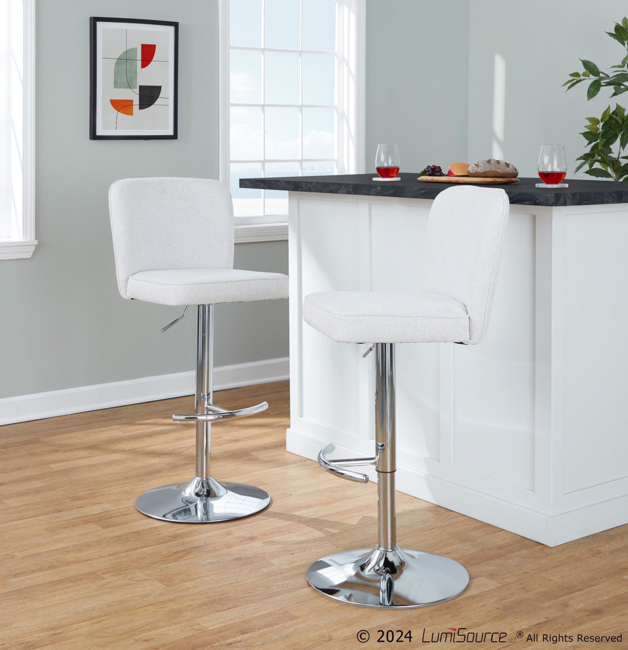Henry Adjustable Barstool - Set of 2 - Chrome Metal, White Fabric