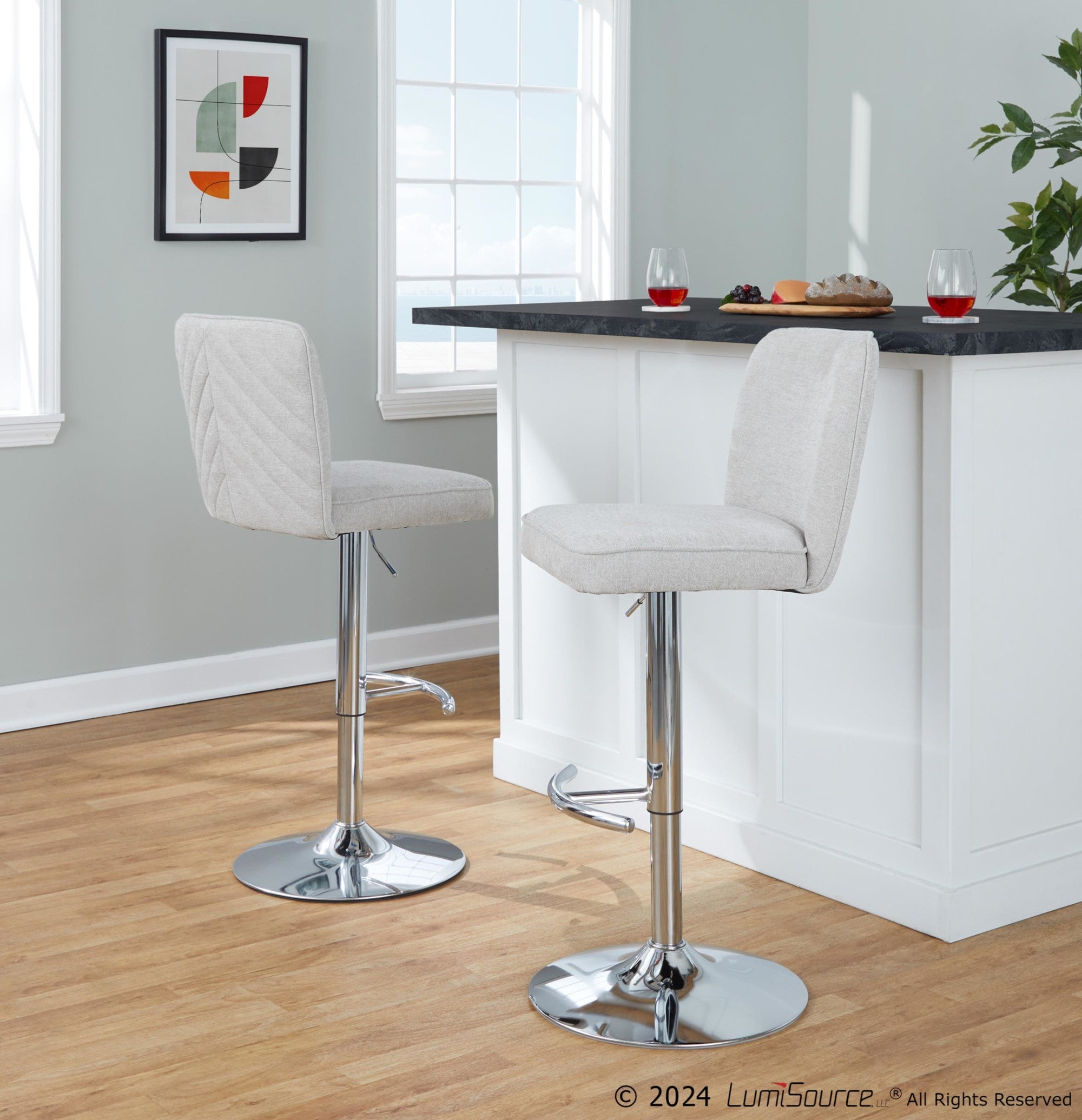 Henry Adjustable Barstool - Set of 2 - Chrome Metal, Beige Fabric