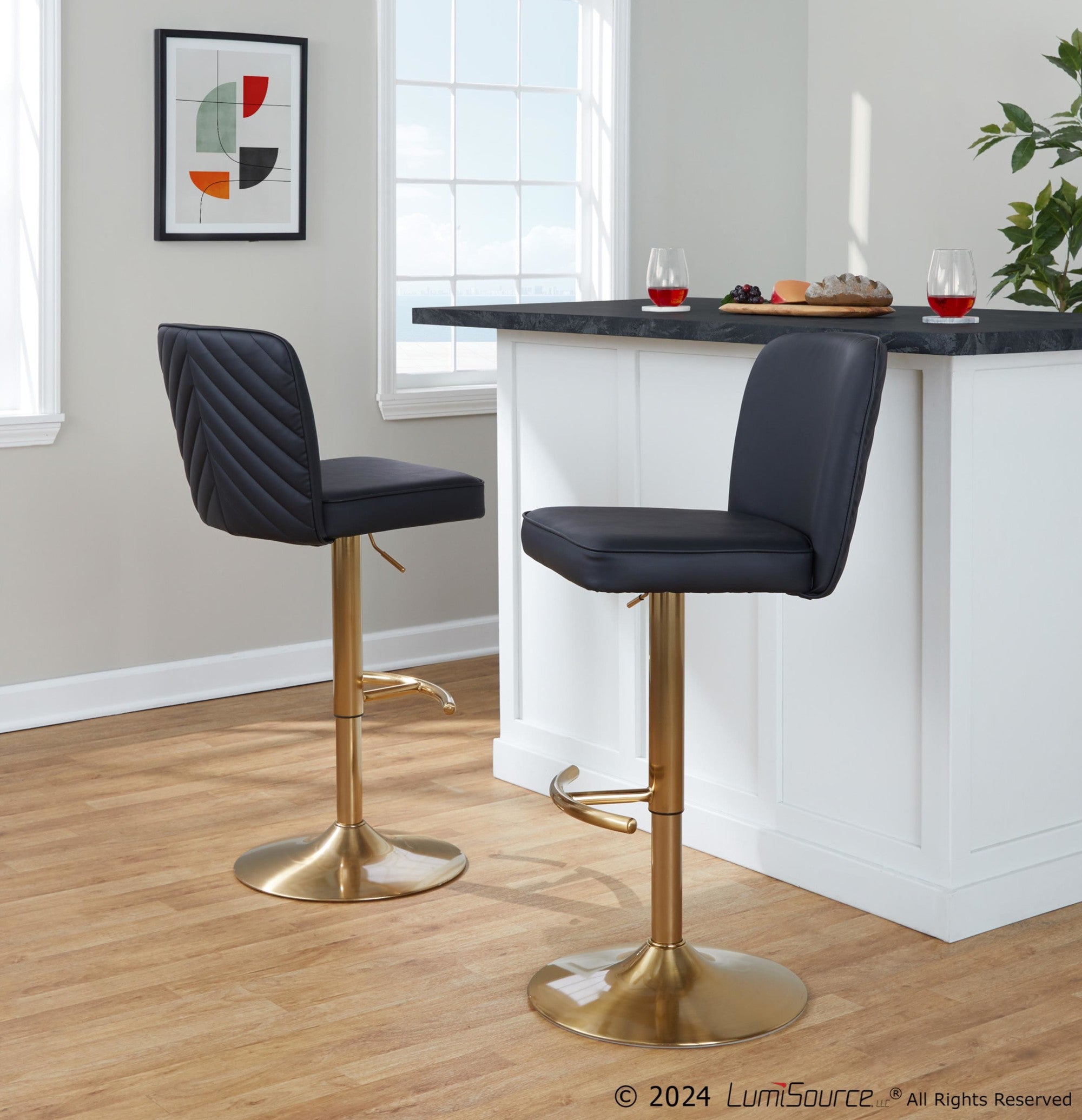Henry Adjustable Barstool - Set of 2 - Gold Metal, Black PU