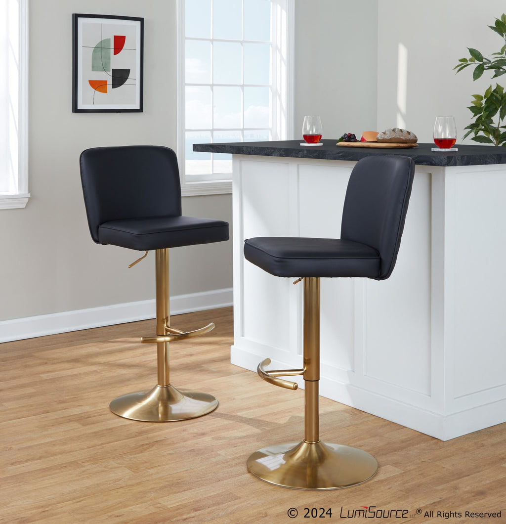 Henry Adjustable Barstool - Set of 2 - Gold Metal, Black PU