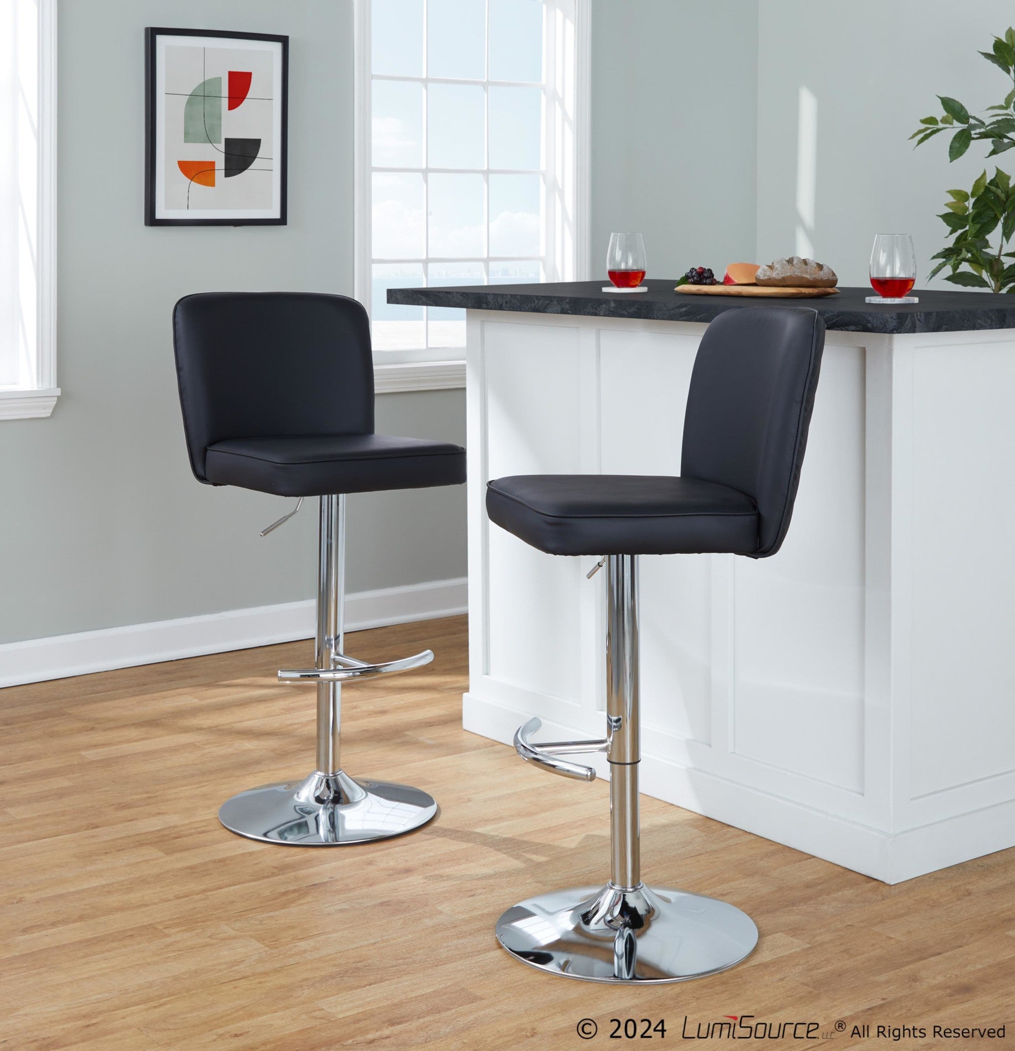 Henry Adjustable Barstool - Set of 2 - Chrome Metal, Black PU