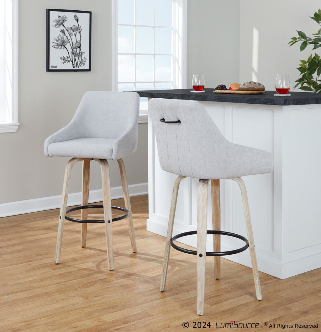 Hannah 30" Fixed-Height Barstool - Set of 2 - Whitewashed Wood, Grey Fabric, Black Metal
