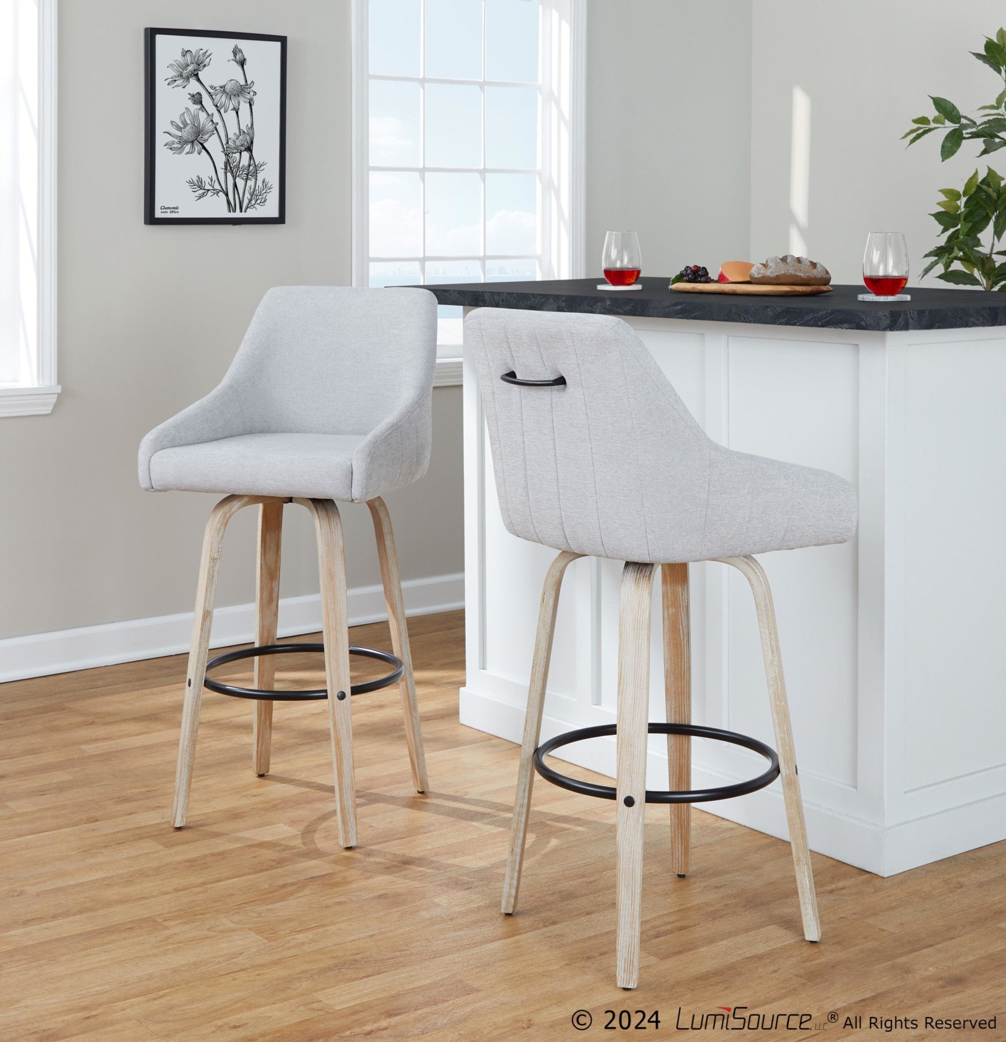 Hannah 30" Fixed-Height Barstool - Set of 2 - Whitewashed Wood, Grey Fabric, Black Metal