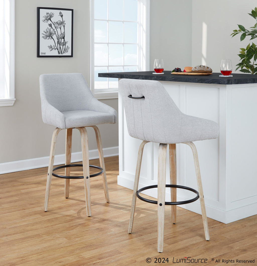 Hannah 30" Fixed-Height Barstool - Set of 2 - Whitewashed Wood, Grey Fabric, Black Metal