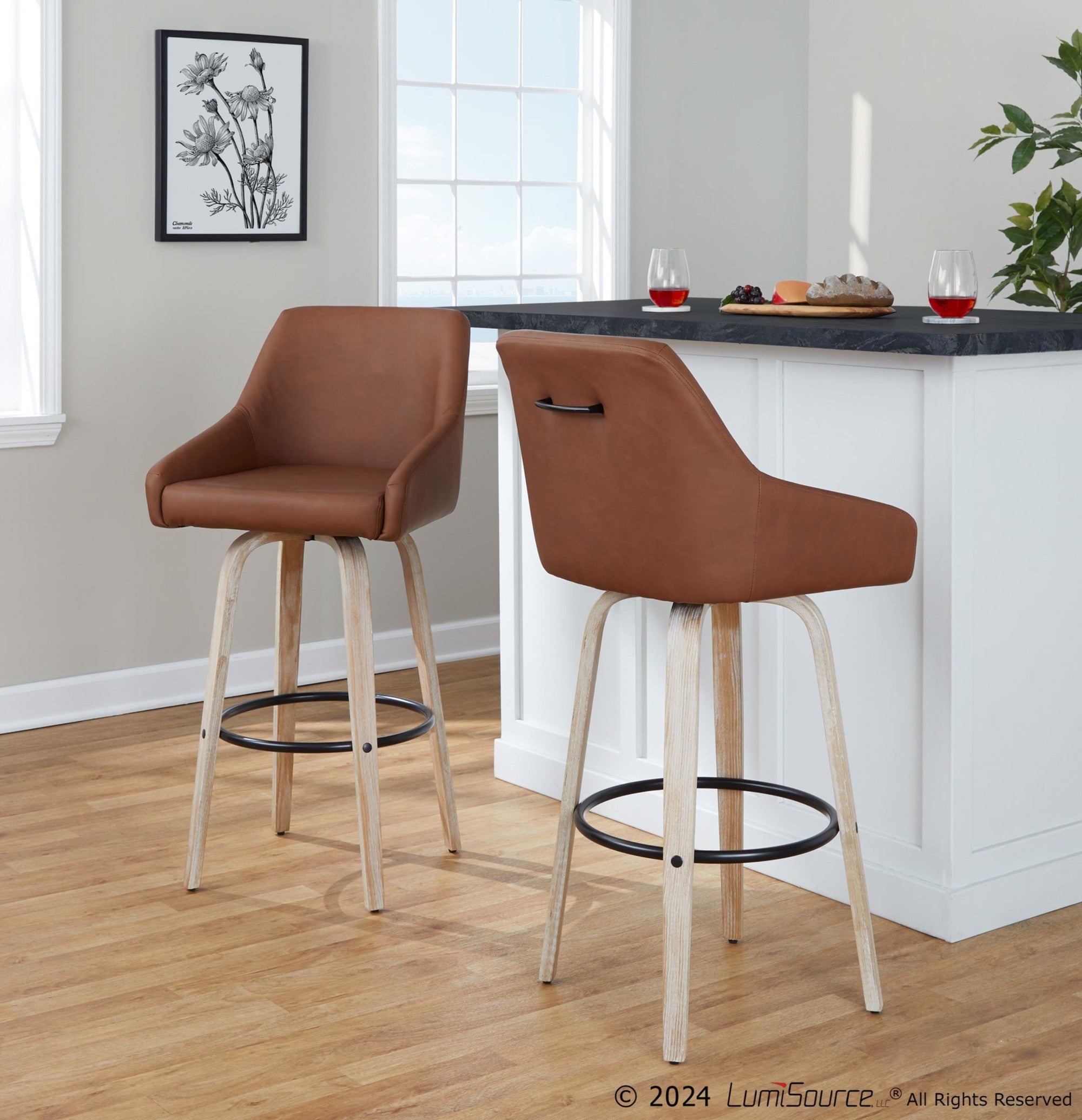 Hannah 30" Fixed-Height Barstool - Set of 2 - Whitewashed Wood, Camel PU, Black Metal