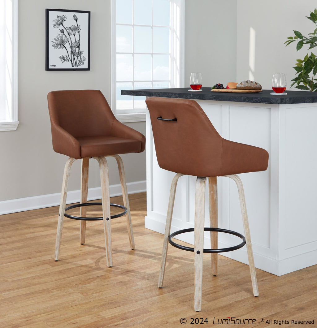 Hannah 30" Fixed-Height Barstool - Set of 2 - Whitewashed Wood, Camel PU, Black Metal