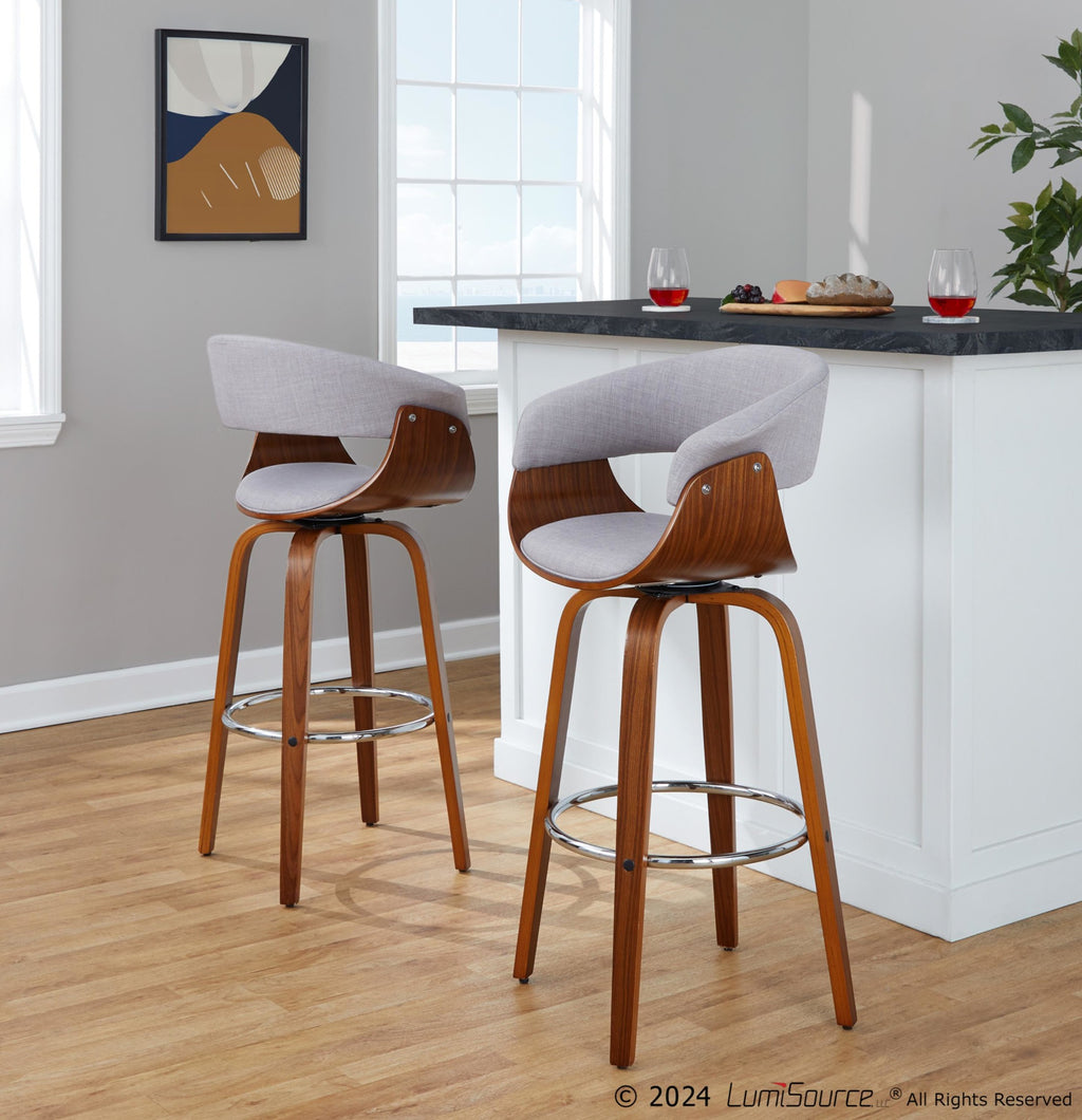 Vintage Mod 30" Fixed-Height Barstool - Set of 2 - Walnut Wood, Stone Fabric, Chrome