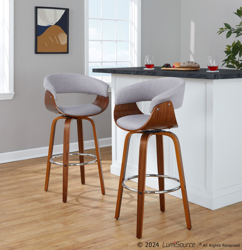 Vintage Mod 30" Fixed-Height Barstool - Set of 2 - Walnut Wood, Stone Fabric, Chrome