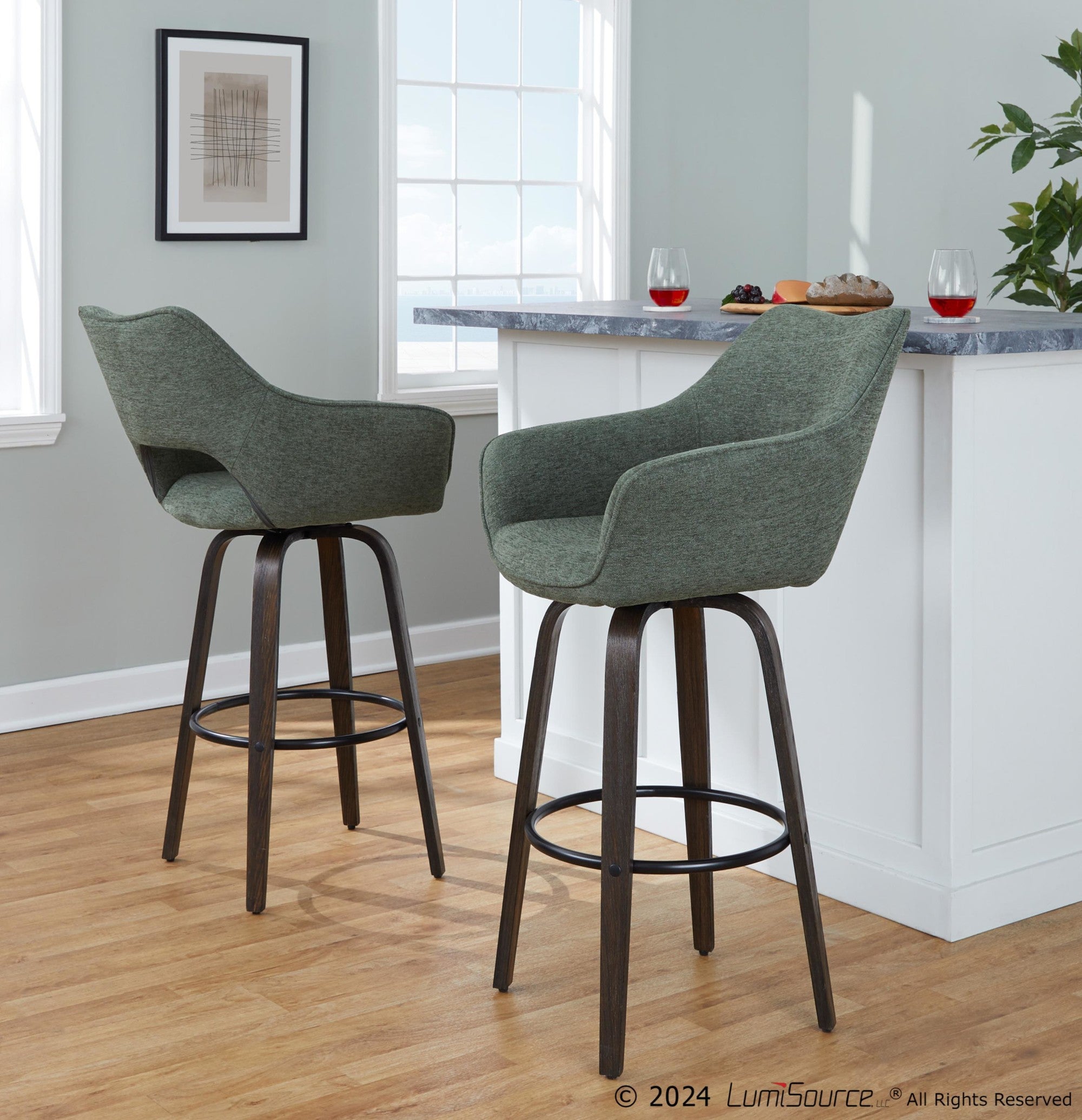 Mustang 30" Fixed-Height Barstool - Set of 2 - Walnut Glazed Wood, Green Fabric, Black Metal