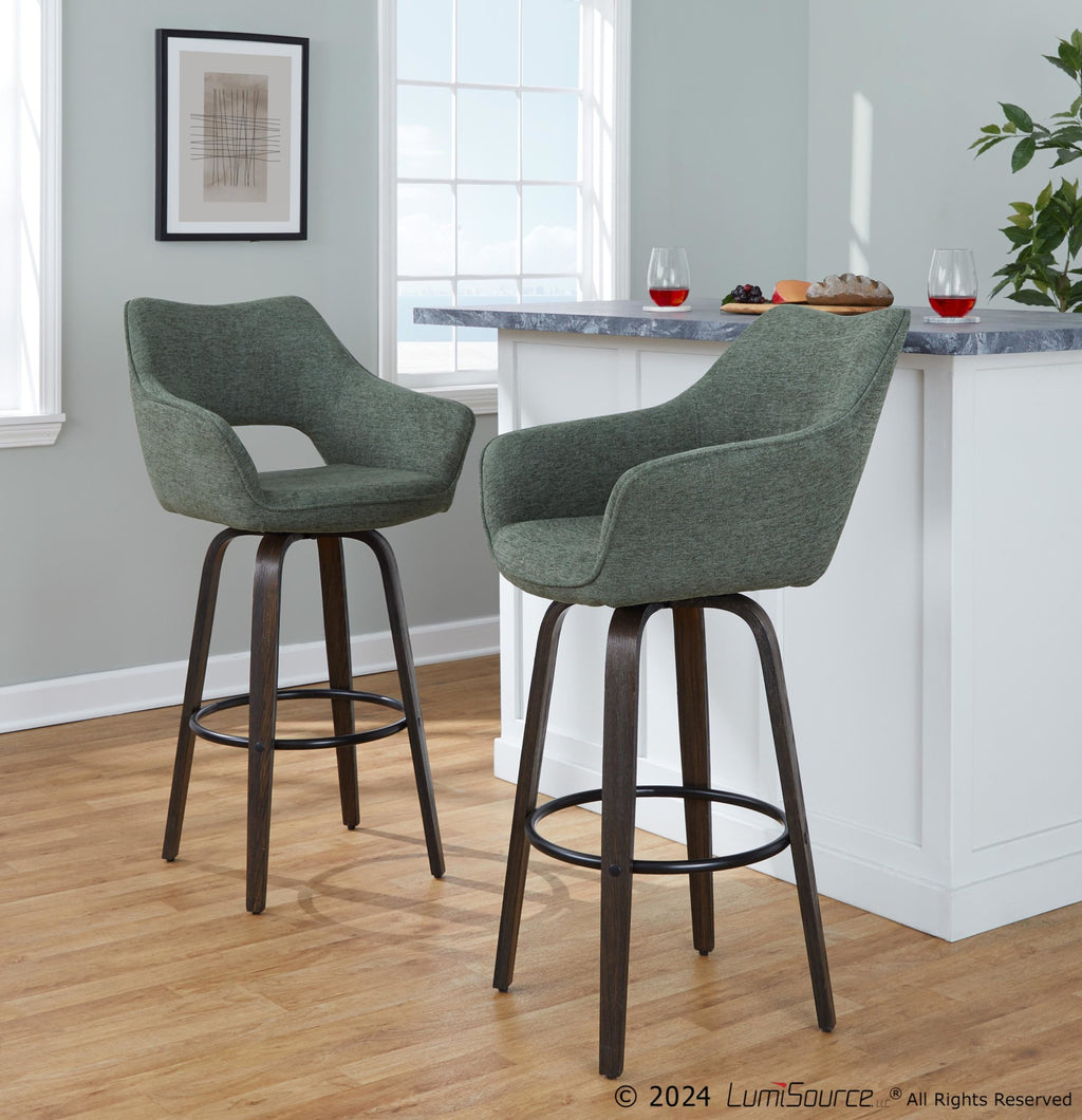 Mustang 30" Fixed-Height Barstool - Set of 2 - Walnut Glazed Wood, Green Fabric, Black Metal
