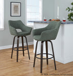 Mustang 30" Fixed-Height Barstool - Set of 2 - Walnut Glazed Wood, Green Fabric, Black Metal