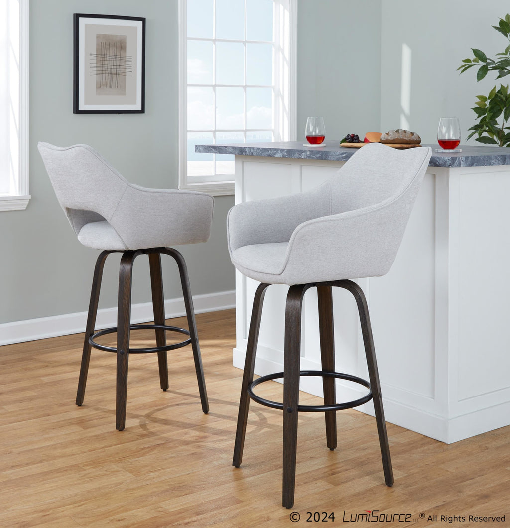 Mustang 30" Fixed-Height Barstool - Set of 2 - Walnut Glazed Wood, Grey Fabric, Black Metal